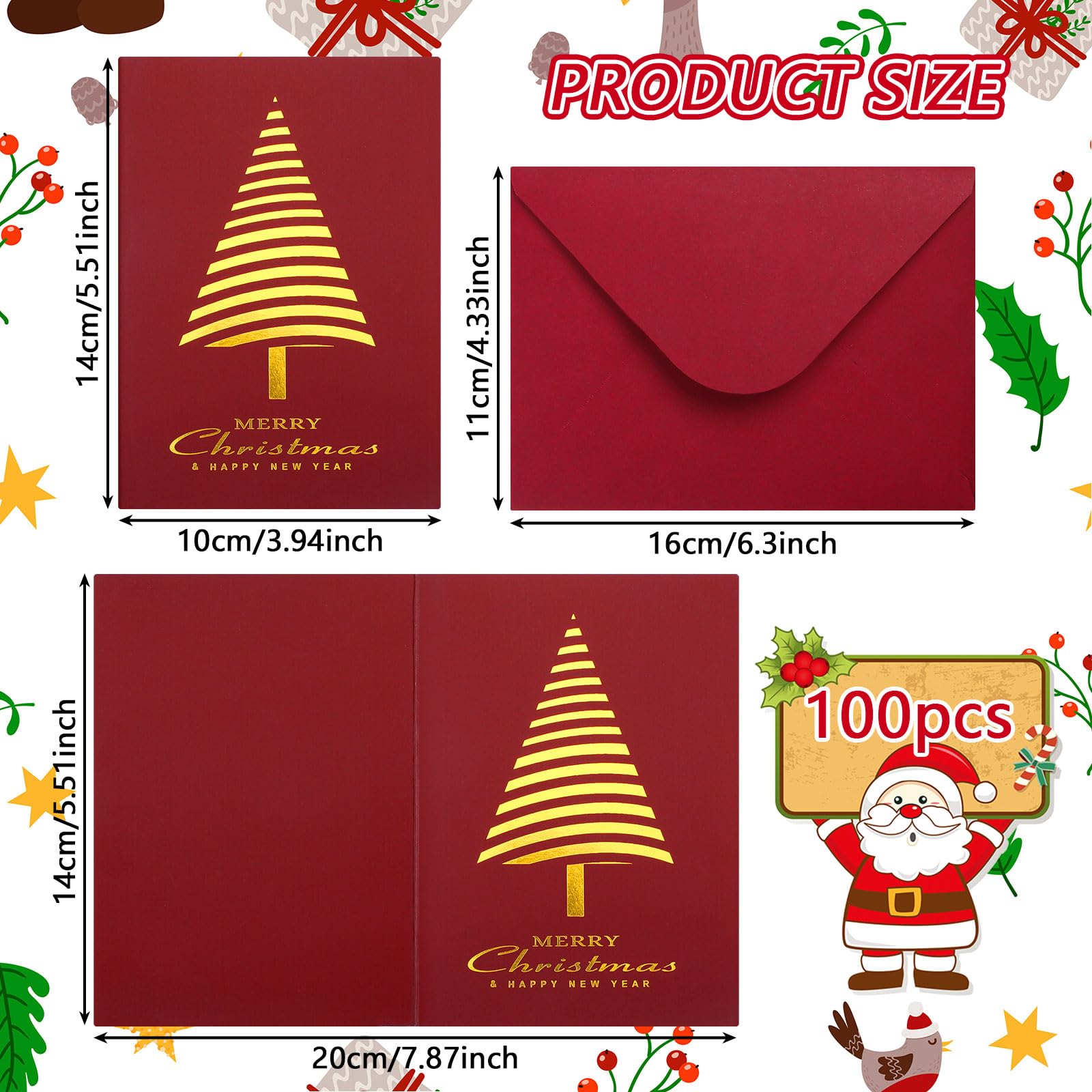 Cholemy 100 tarjetas de Feliz Navidad en caja con sobres, tarjetas navideñas de 5.5 x 4 pulgadas, tarjeta de felicitación de Navidad con impresión de lámina dorada, regalo de Navidad para amigos,