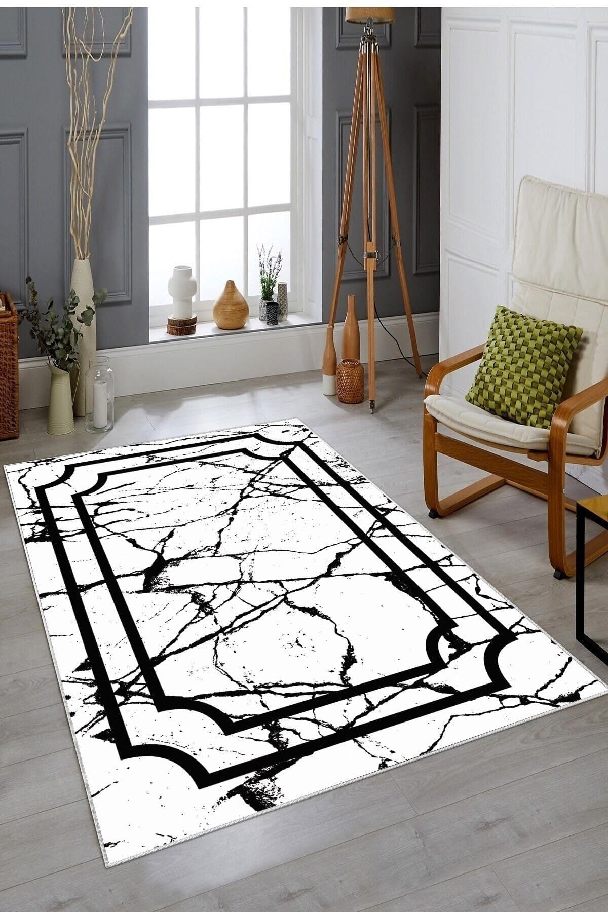 Pelangi Beyaz Gri Çerçeve Ve Efektli Yıkanabilir Kaymaz Taban Leke Tutmaz Modern Salon Halısı Ve Yolluk, Beyaz-Siyah 80 x 200, 13581198020005