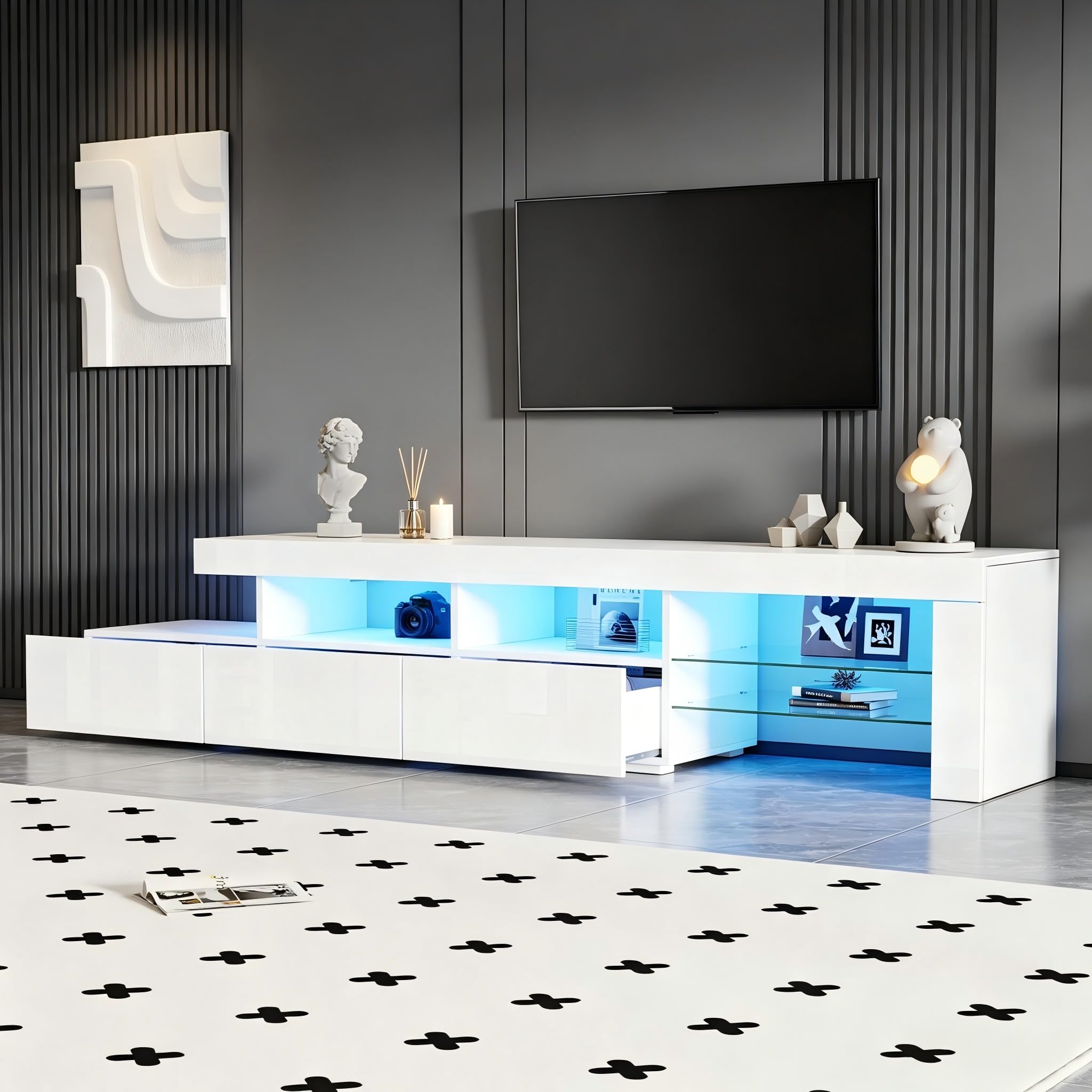 Meuble TV 180 cm Blanc Laqué avec Éclairage LED Piloté par App, Banc TV Moderne pour Téléviseurs jusqu'à 75 Pouces, 3 Tiroirs Push-to-Open et 7 Compartiments de Rangement pour Salon et Chambre