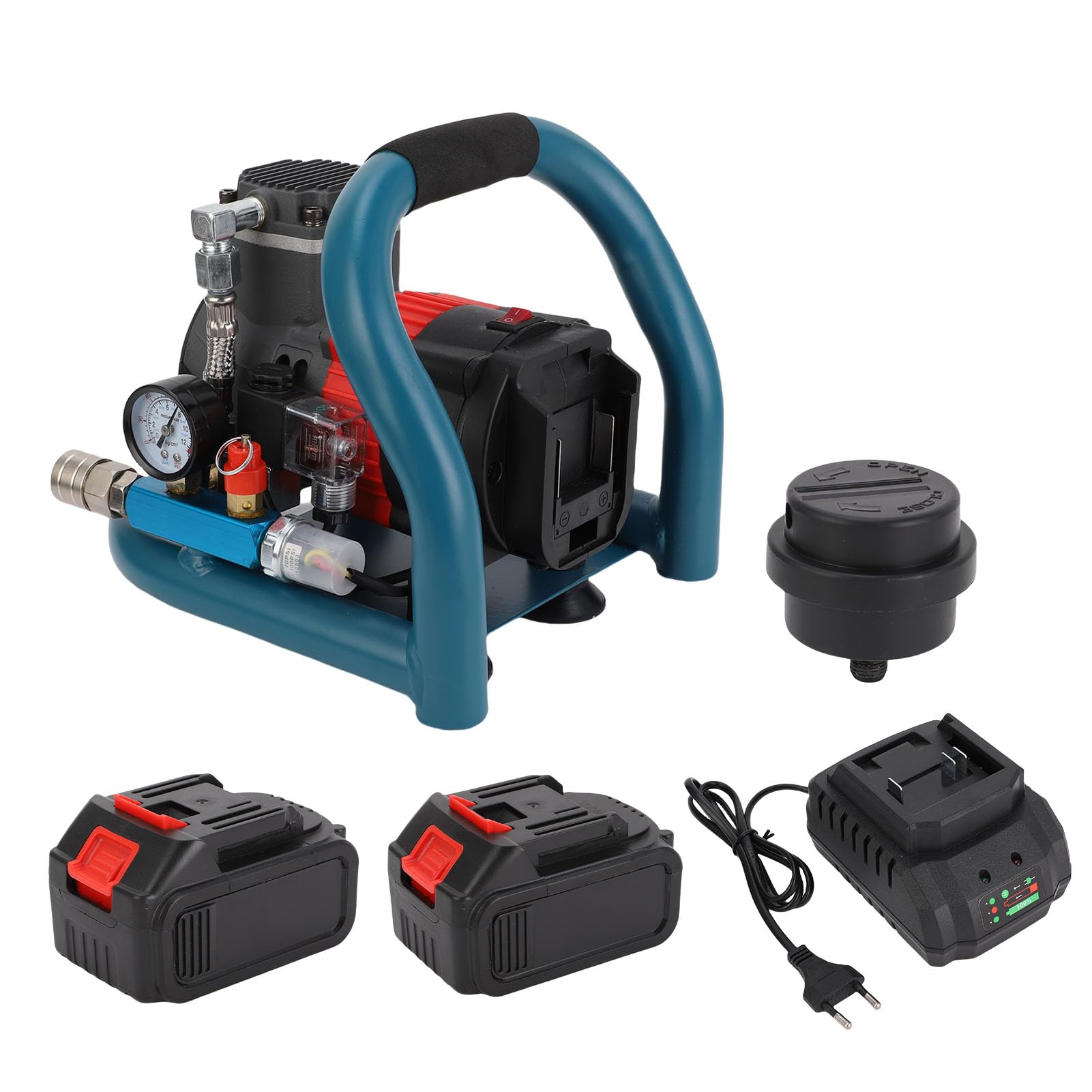 Compressore D'aria Senza Fili, Compressore D'aria Elettrico Portatile 8 Bar con 2 Batterie, Serbatoio 1,5 Litri per Gonfiaggio Pneumatici, Verniciatura e Uso in Officina (Spina europea)