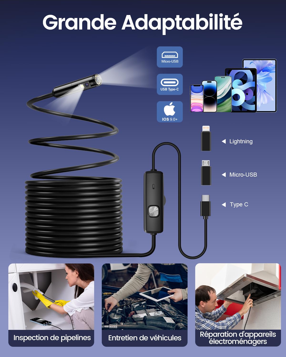 Camera Endoscopique, Camera Canalisation à Double Objectif HD 1920P, Caméras d'Inspection Sonde de 7,9mm Étanche IP67 avec 8 LED, Câble Semi-Rigide de 5M pour Android iPhone Tablettes