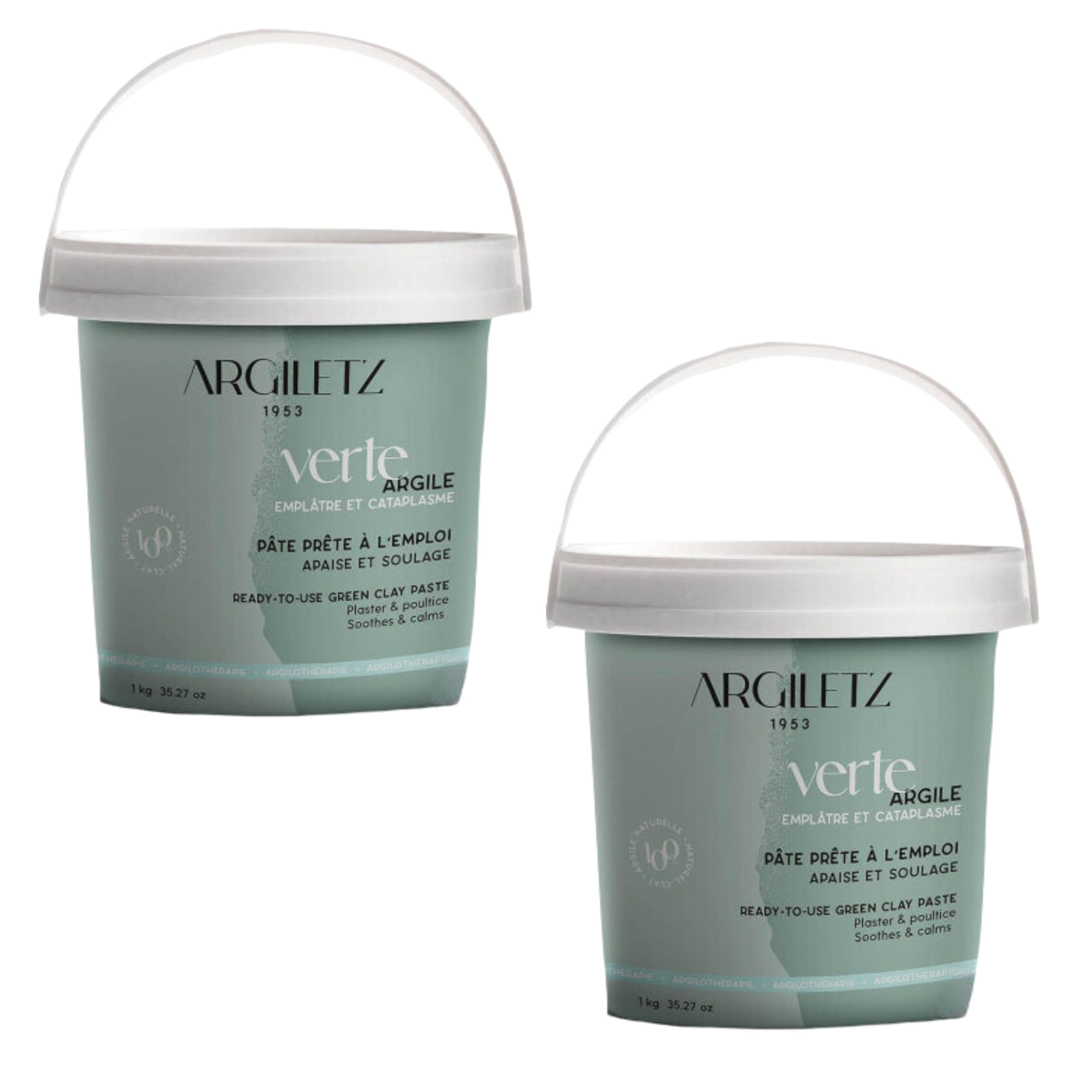 ARGILETZ- Lot de 2 Pots d'argile verte 1kg - pâte prête à l'emploi - DISTRIBUE PAR ARCILIA - ARGILE SECHEE AU SOLEIL ARGILETZ - CATAPLASME, EMPLATRE, MASQUE SOIN BEAUTE VISAGE, CHEVEUX...