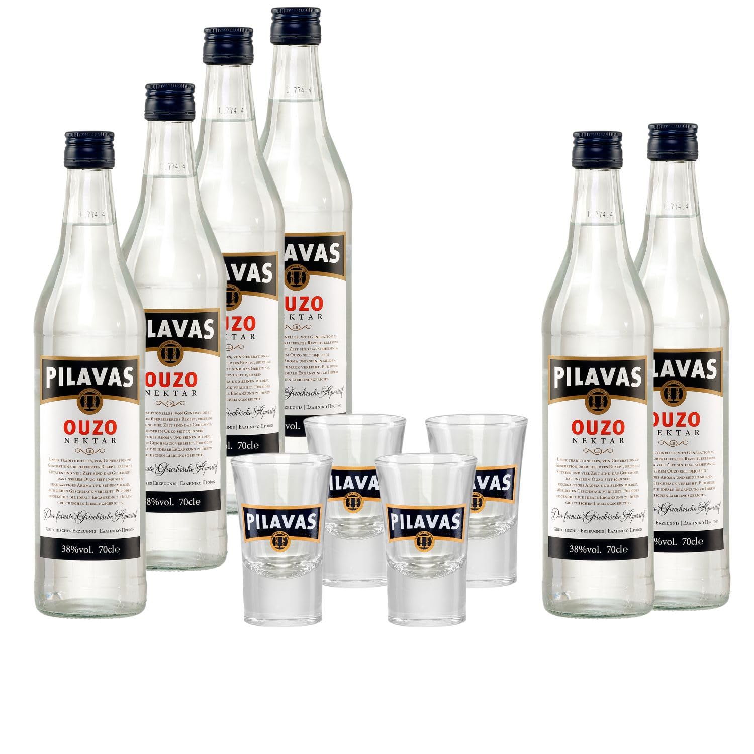 Ouzo Pilavas Nektar 6x 0,7l 38% Vol. und 4x Pilavas Glas 2cl | + 20ml Jassas Olivenöl