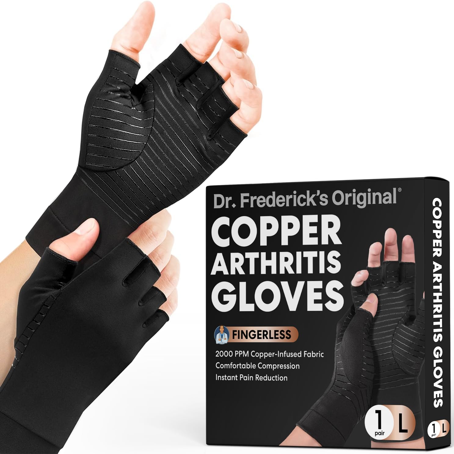 Dr. Frederick's Original Copper Compression Arthritis Gloves - Doctor-Developed Hand Pain Relief for Arthritis, Carpal Tunnel & Tendonitis - All-Day Comfort, Typing & Daily Use - Fingerless, Large