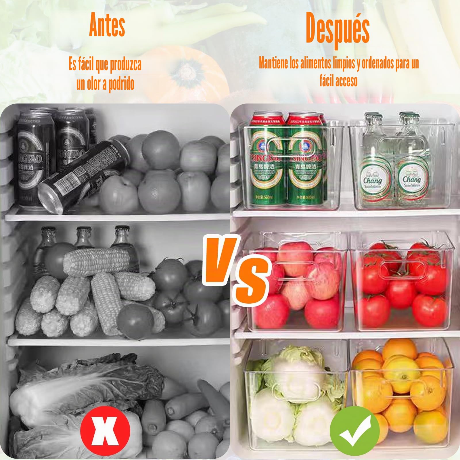 6Pcs Organizador Nevera con Asa, Caja Almacenamiento Cocina Apilables & Transparente, Contenedores para Cosméticos & Material Oficina, Cajas Frigorifico para Despensa, Encimeras,Refrigerador,Armarios