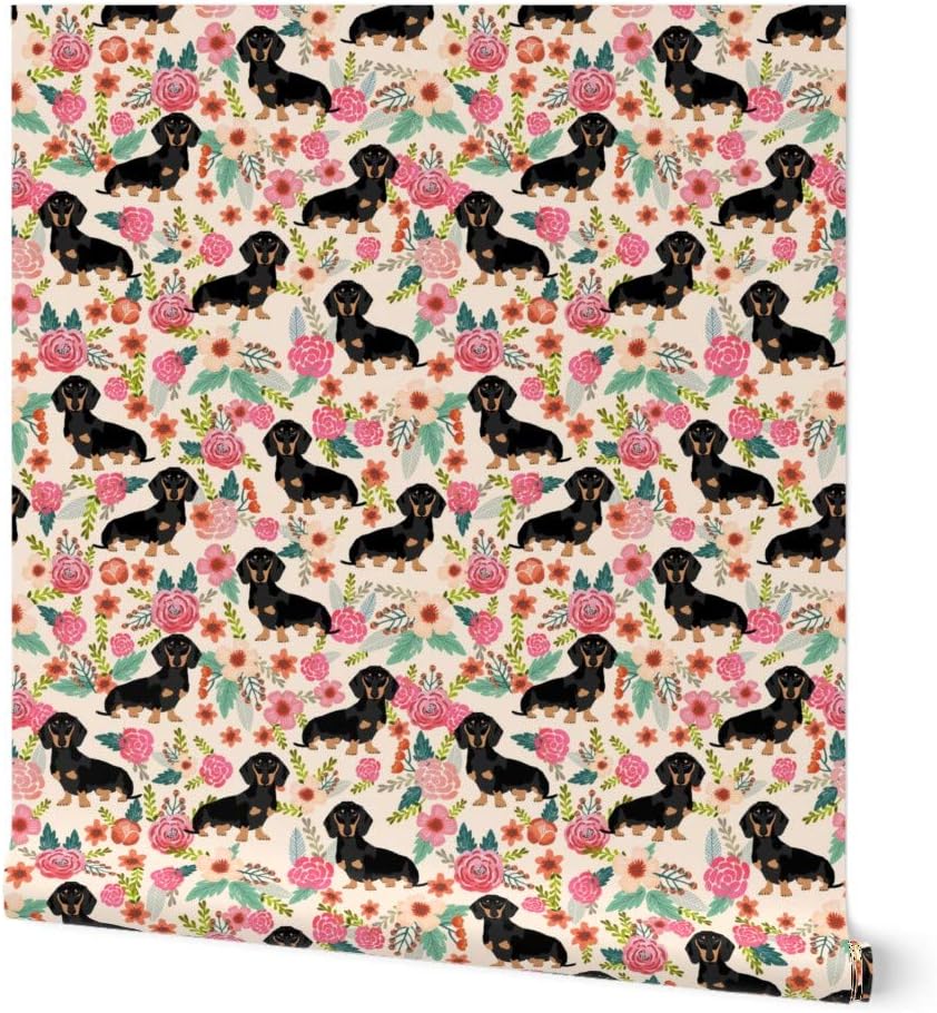 Peel & Stick Wallpaper Swatch - Flowers Florals Dachshund Dachshunds Dog Cute Pet Baby Girls Sweet Weiner Wiener Puppy Lover Animal Custom Removable Wallpaper by Spoonflower