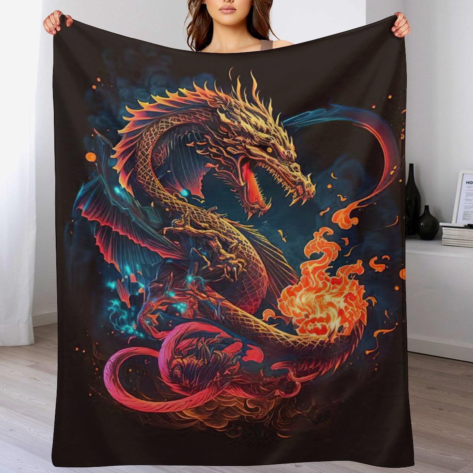 Couverture dragon plaid flanelle toutes saisons jeté de lit et canapé voyage 150x200cm