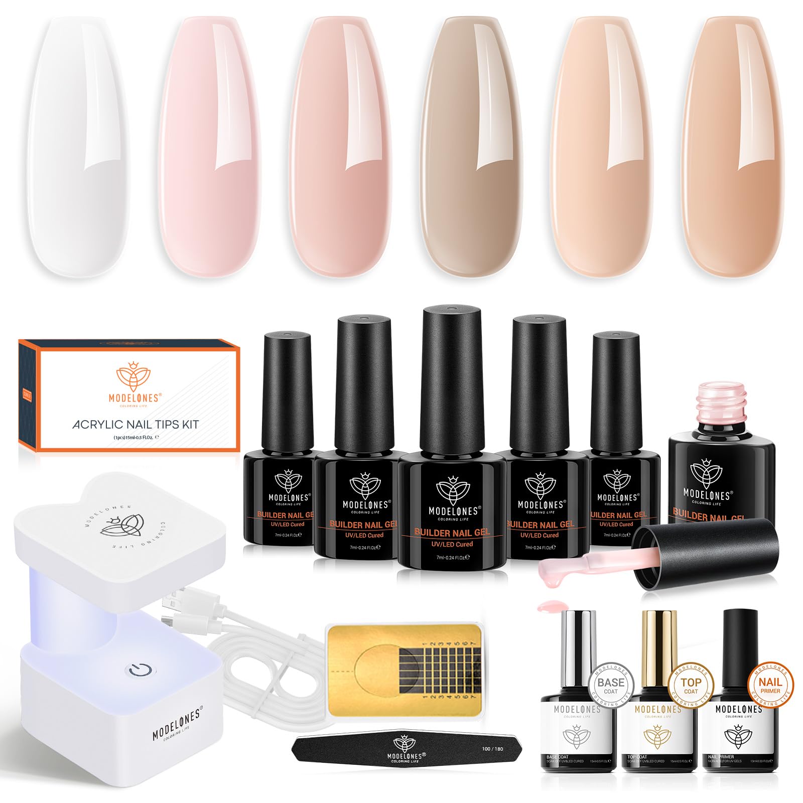 Modelones Kit Gel Uñas Constructor con UV Lampara, 8-in-ONE Builder Gel Uñas, Refuerzo Uñas Semipermanentes, Top y Base Coat, 100 Formas Para Extensión Fortalecedor y Decoración Reparar de Uñas Rotas