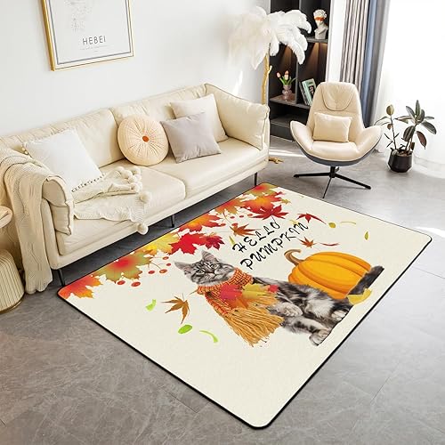 Alfombra decorativa de otoño con diseño de calabaza y gato, alfombra de sala de estar, hojas de arce, para interiores, para niños, niños, niñas,