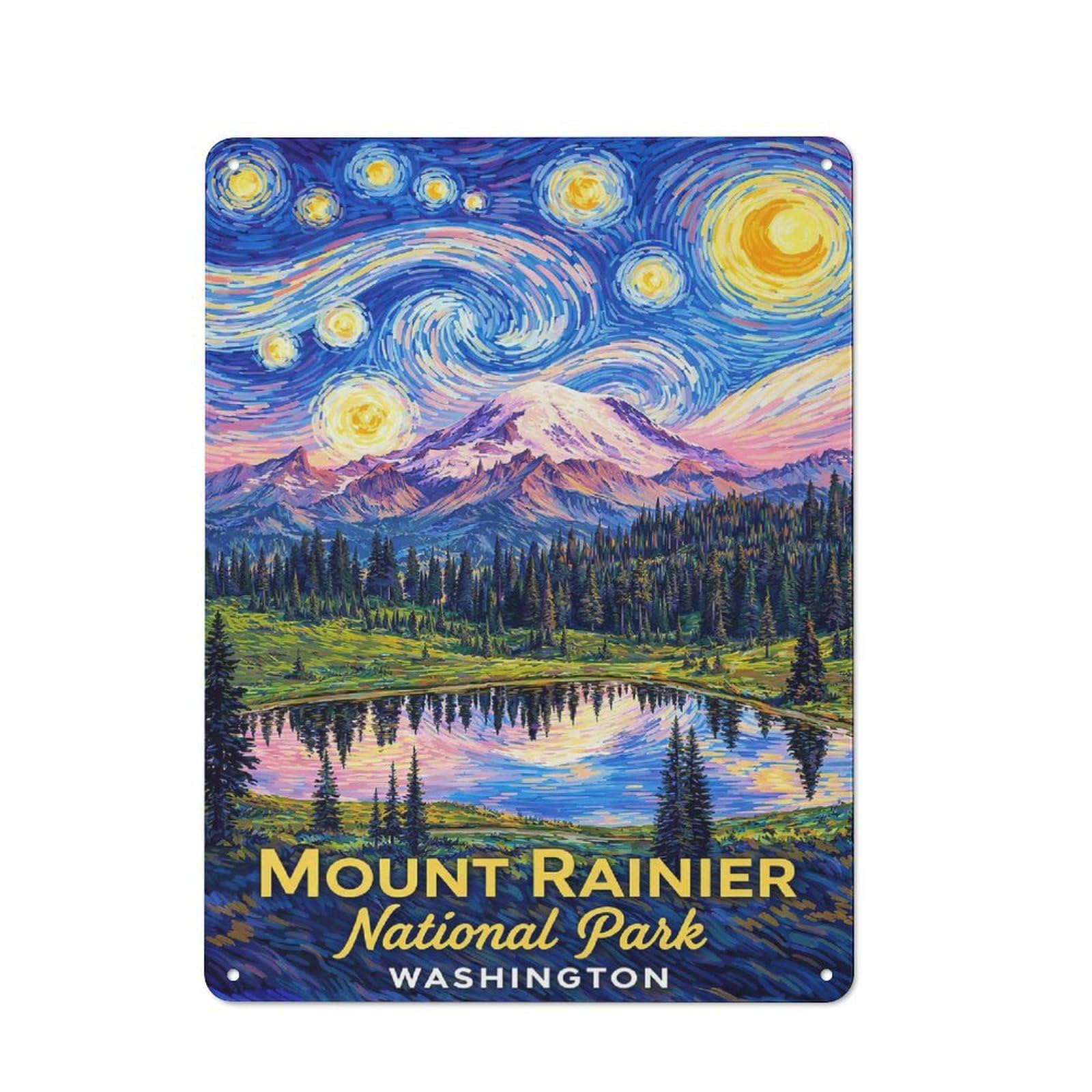 Junmoney Style-11 Metal Sign 40X30cm With Mount Rainier National Park Starry Night For Workshop Wall, Vintage Decor, For Vintage Wall Decor Fans, For Metal Sign Collectors