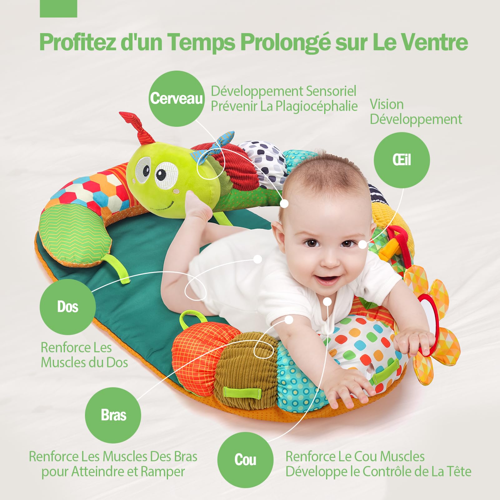 hahaland Jouet Bebe 0-3 6 9 Mois, 3 en 1 Tummy Time Chenille Coussin Bebe Tapis d eveil Bebe avec Anneau Dentition Bebe, Hochet et Miroir, Jouet d'activité et développement pour Nouveau-Nés 0-6Mois