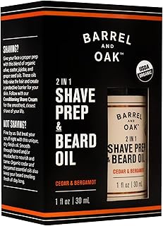 Barrel and Oak - Organic Shave Prep & Beard Oil, 2-In-1 Shave Oil for Men, Pre-Shave Oil or No Shave Oil, Essential Oil Protective Barrier, Nourish & Tame Facial Hair, Vegan (Cedar & Bergamot, 1 oz)