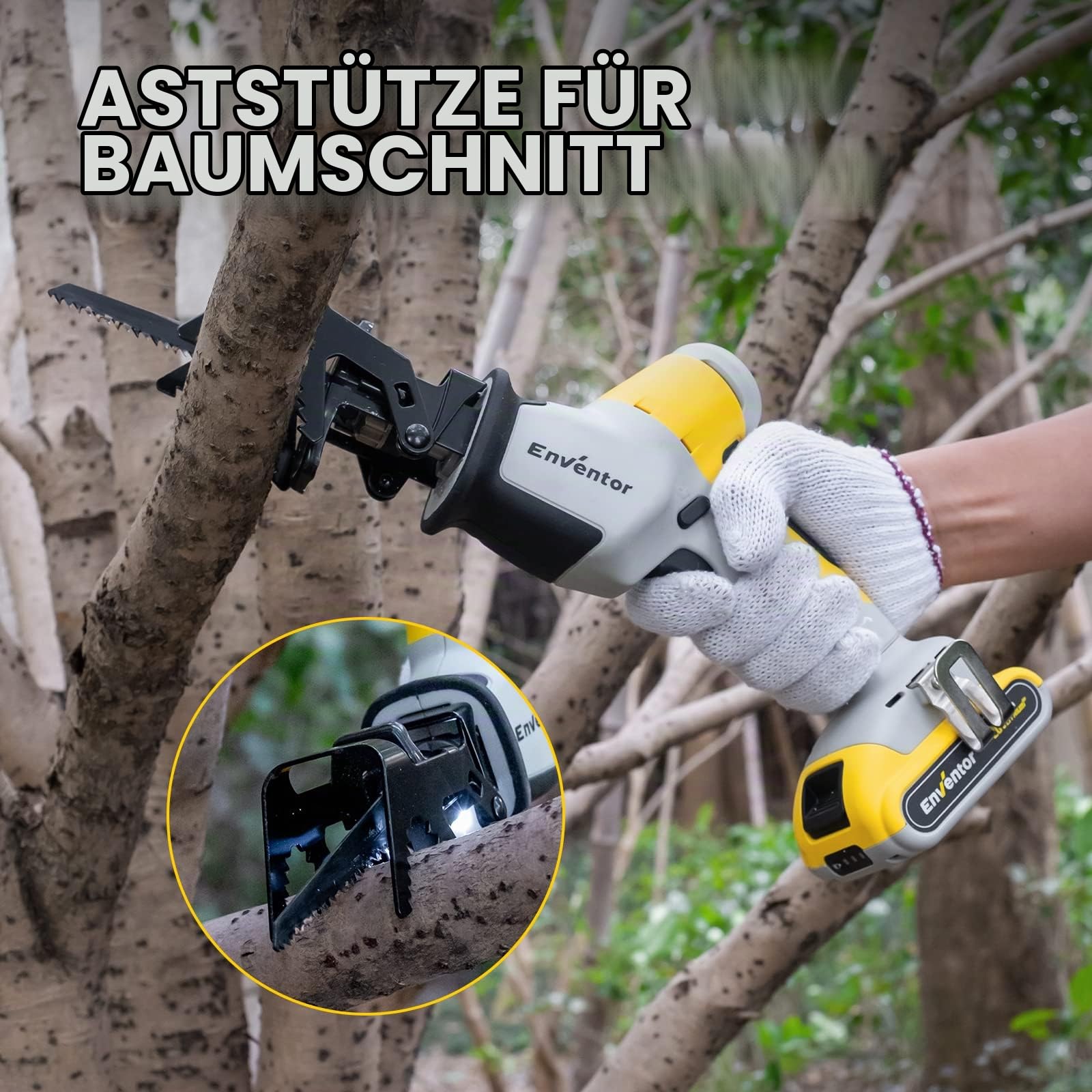 Akku Säbelsäge 20V, ENVENTOR Bürstenlos Kabellose Reciprosäge mit 6 Sägeblätter, Hublänge 15mm, Variabler Drehzahl von 0-3000 RPM, Schneidleistung 65mm (Holz), 8mm(Aluminium), mit 2000mAh Batterien