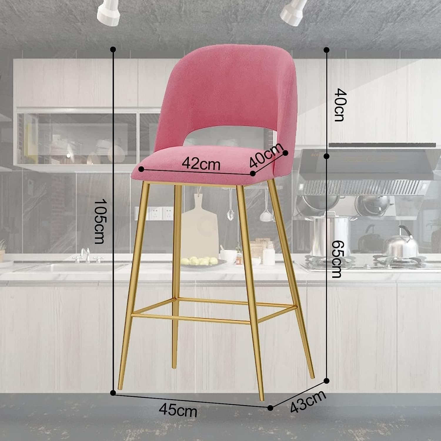 Taburete de Bar Moderno de Terciopelo, 1 Unidad, Altura de mostrador con Respaldo y Patas de Metal Dorado para Cocina.