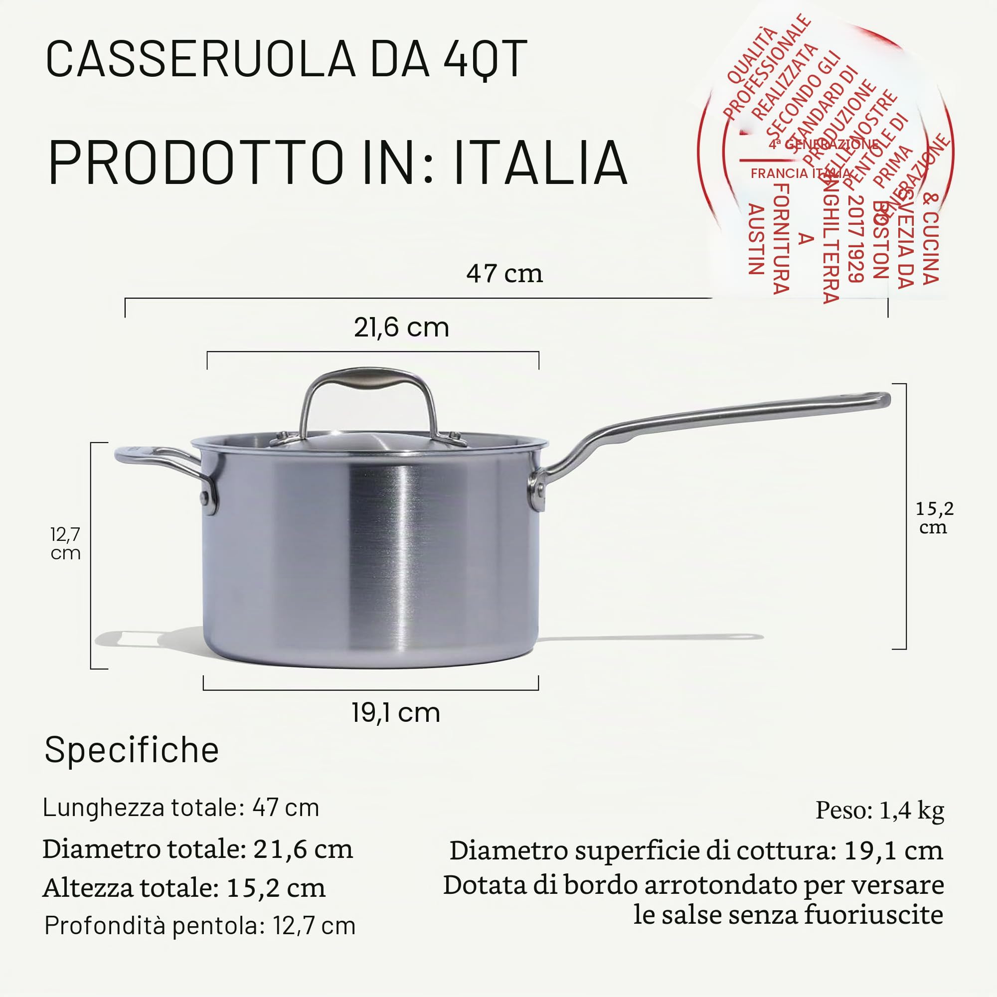 Made In Cookware - 4 Quarti Casseruola in acciaio inossidabile con coperchio - Prodotto in Italia - Pentola per salse rivestita in acciaio inossidabile a 5 strati - Pentole professionali