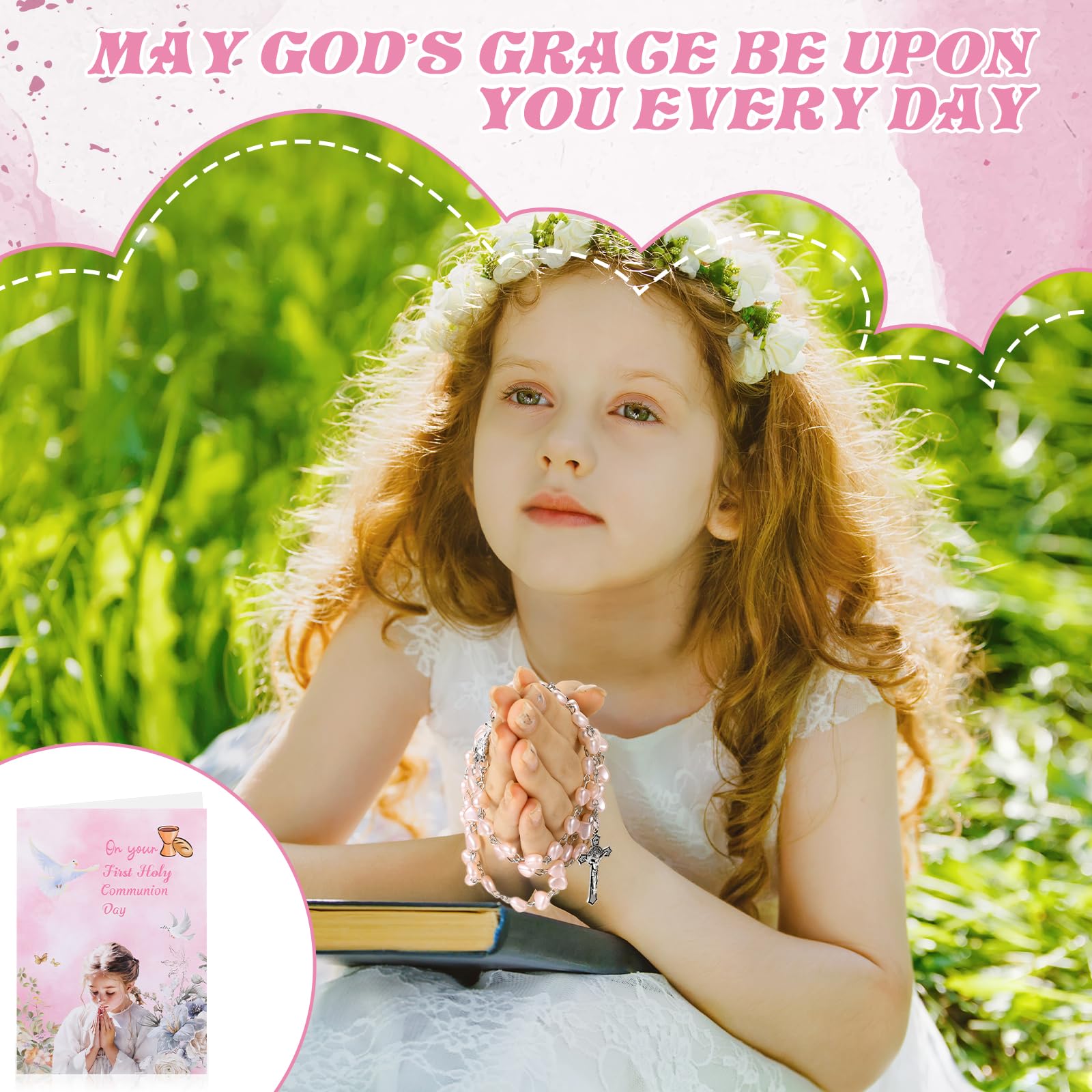 Sinmoe Set de 3 Rosario Corazón Primera Comunión con Tarjetas y Bolsa Cordón Collar Rosario Metálico Cruz Perlas Católicas para Niñas Niños Regalo Bautizo Rosa