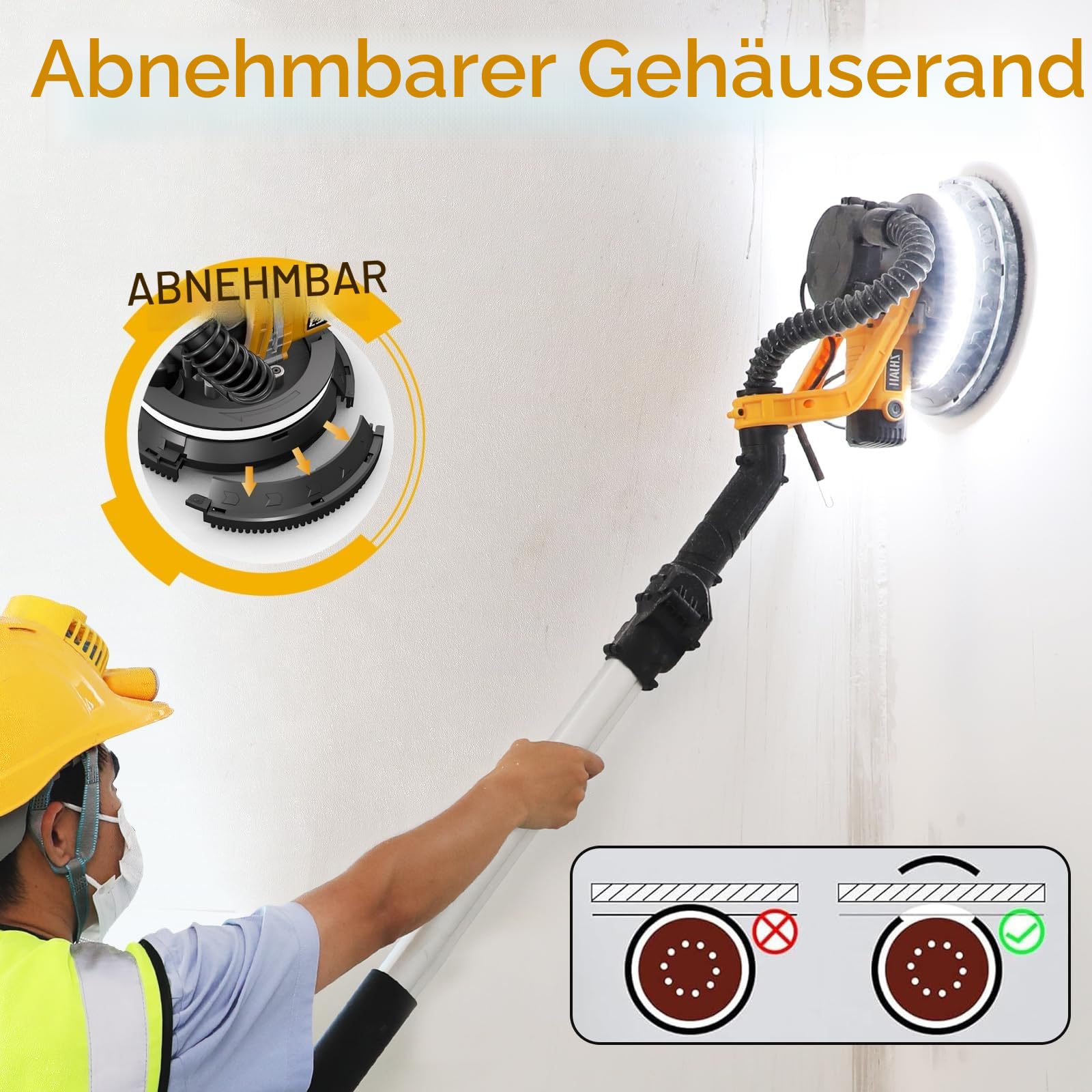 Trockenbauschleifer (880W), Schleifer mit doppelter LED-Beleuchtung, 5 variable Geschwindigkeiten, 1000-2100 U/min elektrischer Trockenbauschleifer mit 12 Schleifscheiben und Staubabsaugbeutel