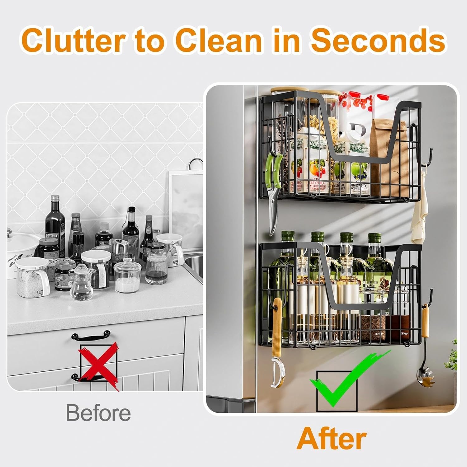 Magnetic Shelf Basket for Refrigerator,Fridge Magnet Shelf Organizer,Side of Fridge Storage Bin,No Assembly Space Saving for Fruits,Veggies,Snacks-2 Pack