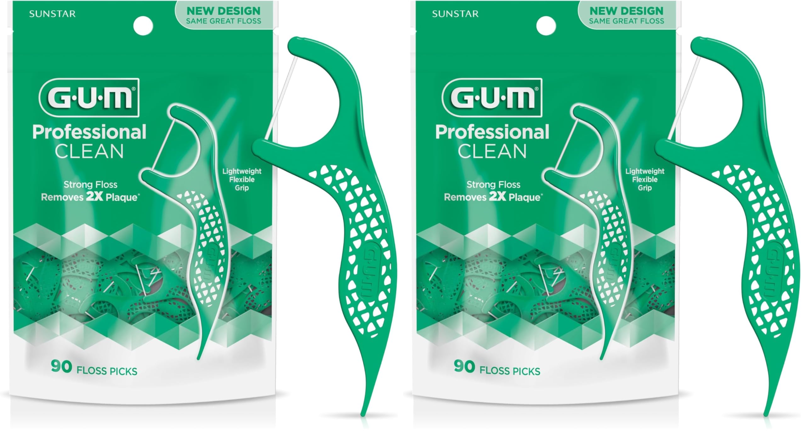 GUMProfessional Clean Floss Picks - Extra Strong Shred-Resistant Floss, Easy Grip Handle - Dental Flossers for Adults - Fresh Mint Flavor, 90ct (Pack of 2)