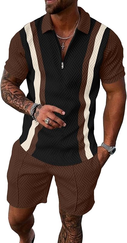 UOUA Trajes de verano para hombre Conjuntos de pantalones cortos de 2 piezas Conjuntos de buzo de manga corta Conjuntos de polo de golf de 1/4 cremallera Camisas a rayas empalmadas