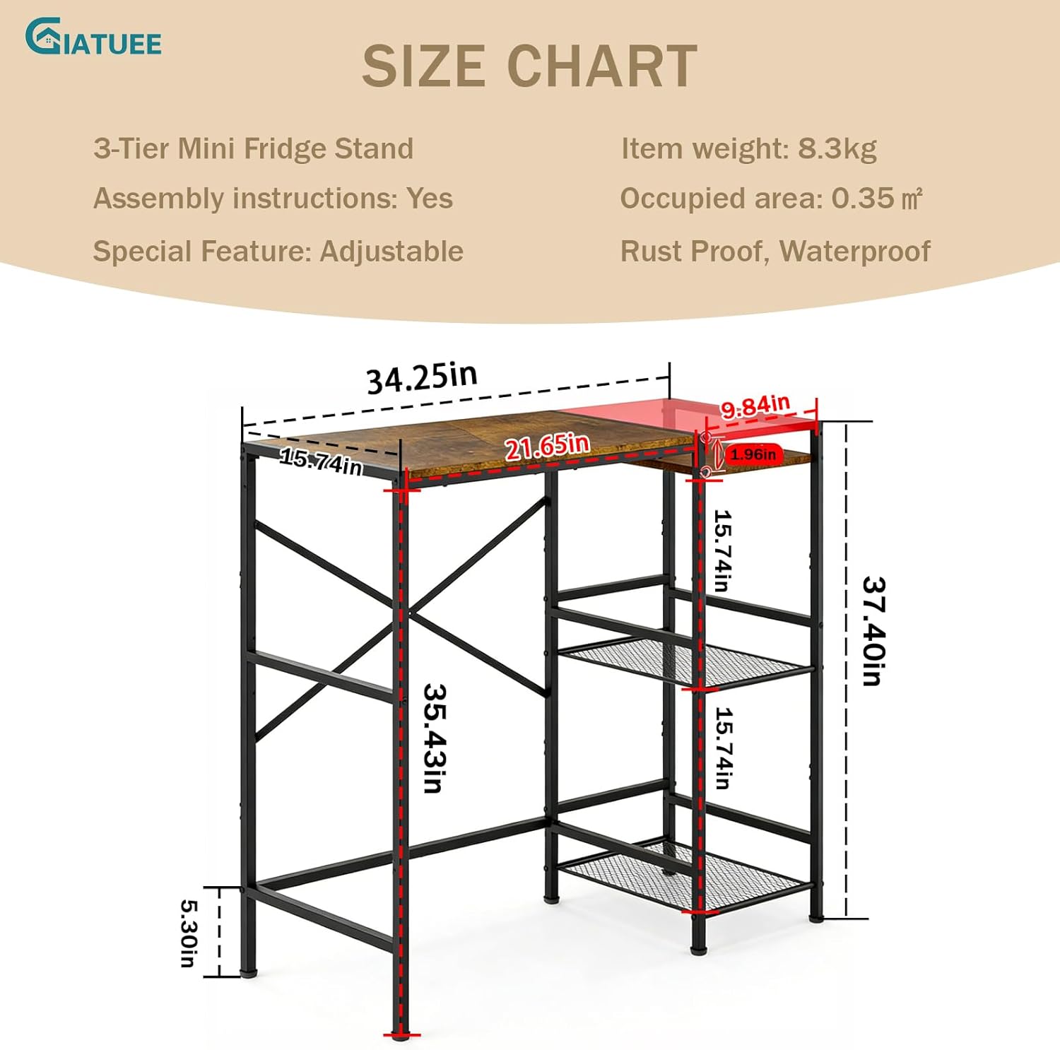 3-Tier Mini Fridge Stand with Storage, Industrial Style Kitchen Organizer Shelves for Microwave, Toaster, Coffee Maker, Multi-Purpose Standing Baker Racks for Home, Dorm, Apartment