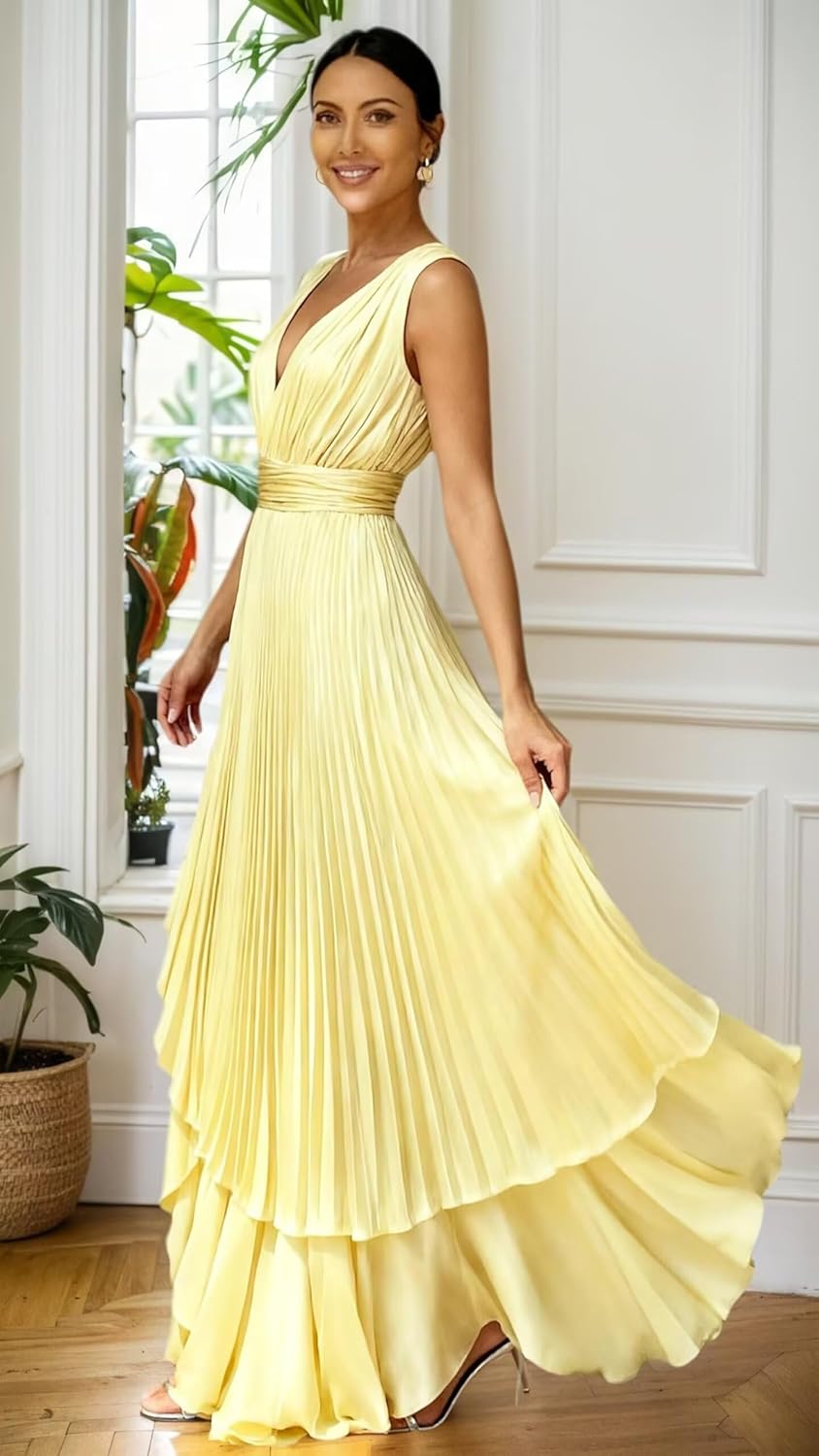 VOfuter Ruched Satin Bridesmaid Dresses for Wedding Women's Pleated Deep V-Neck Formal Dress