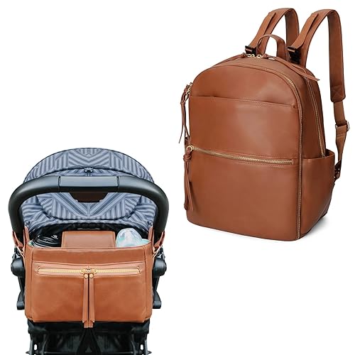 MOMINSIDE Mochila para pañales, soporte organizador de cochecito con portavasos aislados, bolsa de bebé de cuero con 6 bolsillos aislados para mamá