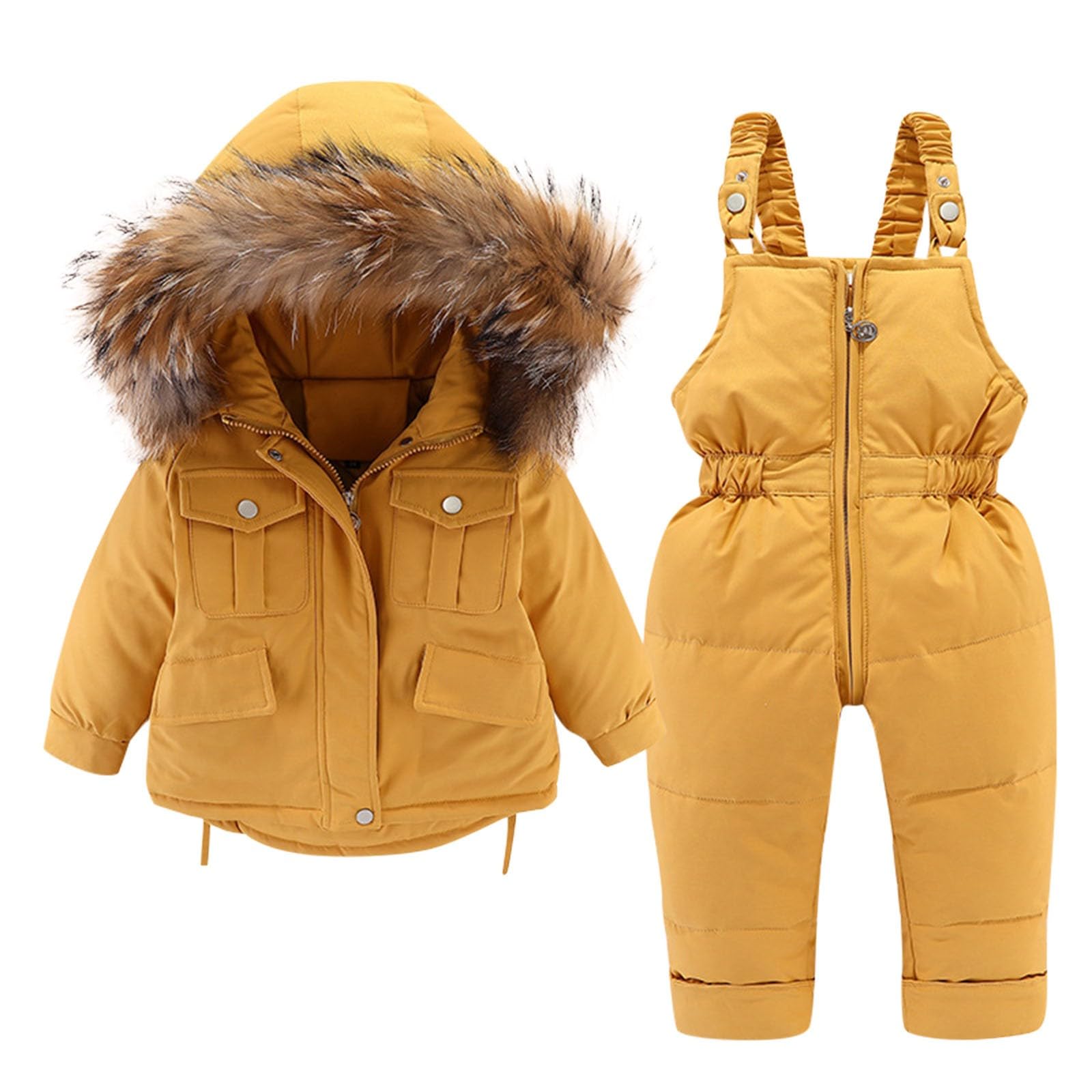 Kids Two Piece Winter Snowsuit Toddler Warm Hoodie Down Jacket Coat with Snow Ski Bib Pants (Yellow, 3-4 Years)
