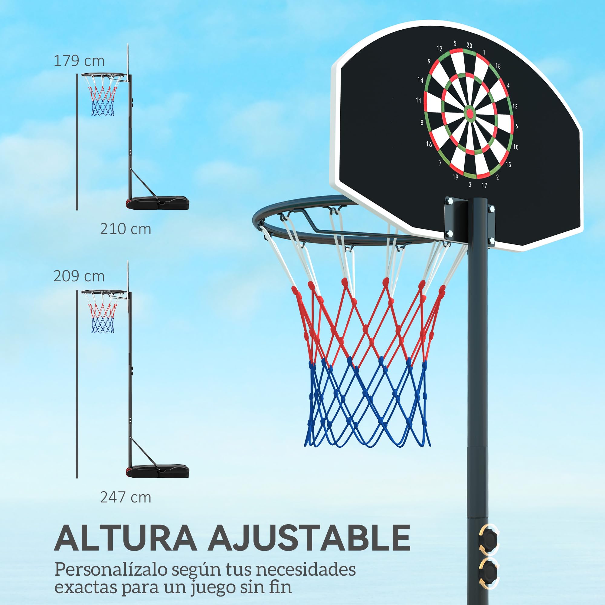 SPORTNOW Canasta de Baloncesto Exterior Tablero Dardos Altura Ajustable 210-247 cm Aro Portátil Ruedas Base Rellenable Negro