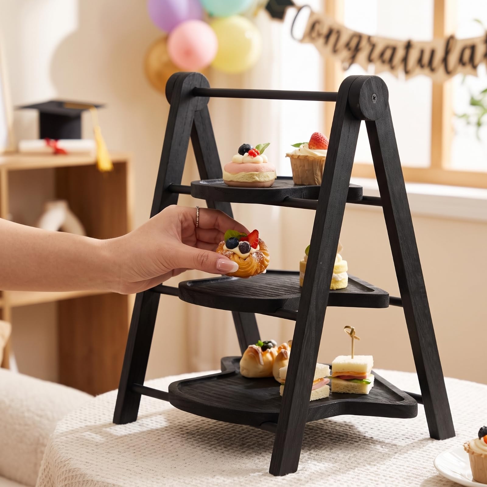 Baoblaze Mensola Espositiva Multistrato Scaffale Espositore Ripiano Supporto in Legno con Tre Vassoi Cuore Aste Laterali Tonde Richiudibile per Comodo