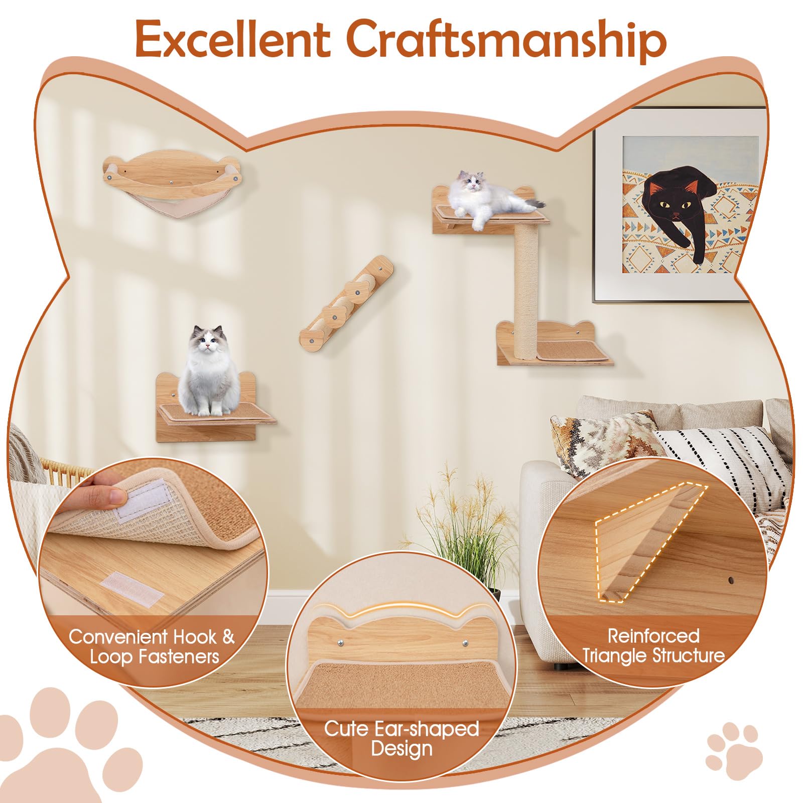 Tangkula Cat Wall Shelves, 4 Pieces Wooden Wall Mounted Kitten Furniture Set with Hammock, 2-Step Cat Tree, Non-Slip Pads, Sisal Stairs & Scratching Posts, Modern Cat Climber Steps (Natural) - image 5