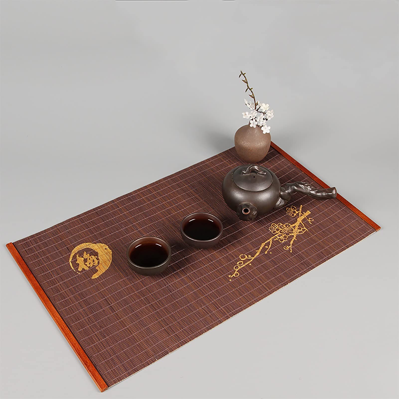 Table Runner Natural Bamboo, Japanese Style Tea Set Table Placemat w/Printing, Waterproof Insulation