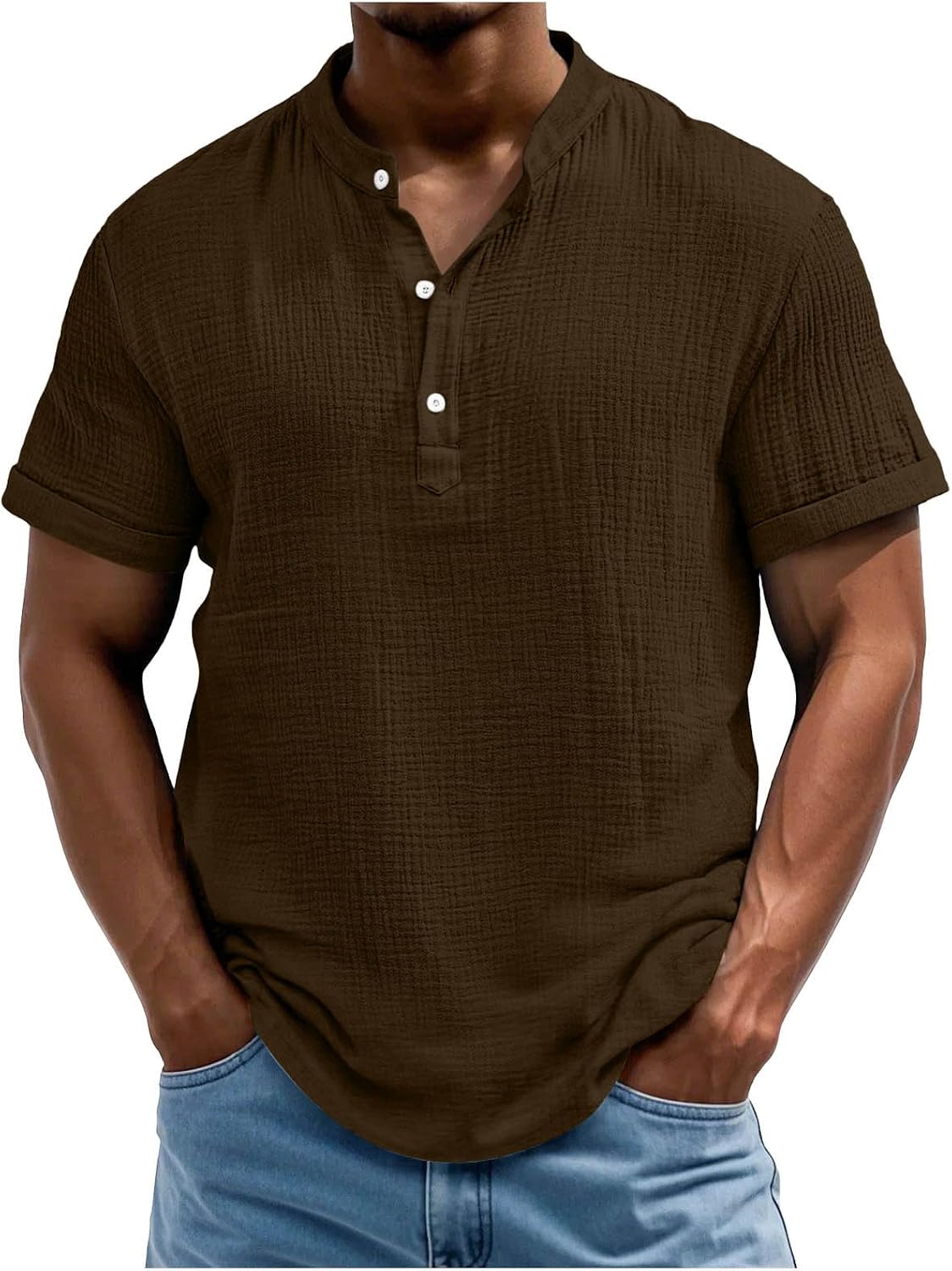Short-Sleeve Casual T-Shirt for Men, Stand Collar Button Front Breathable Top, Lightweight Relaxed Fit Daily Tee