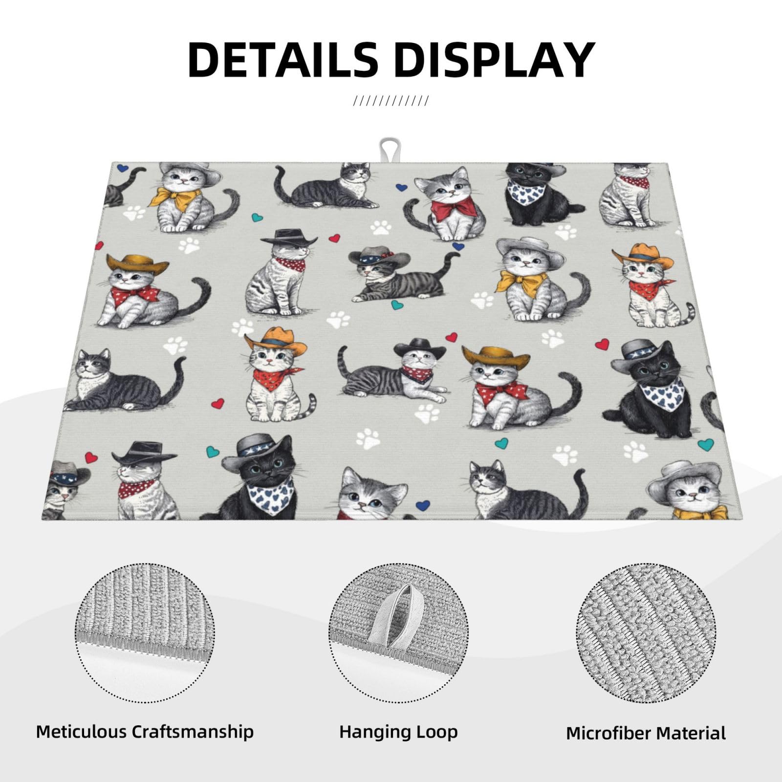 Tapete de secado de platos para gatos y amantes de las mascotas, 18 x 24 pulgadas, para encimera de cocina, tapete de microfibra absorbente, escurridor de platos, tapetes de secado rápido, accesorios