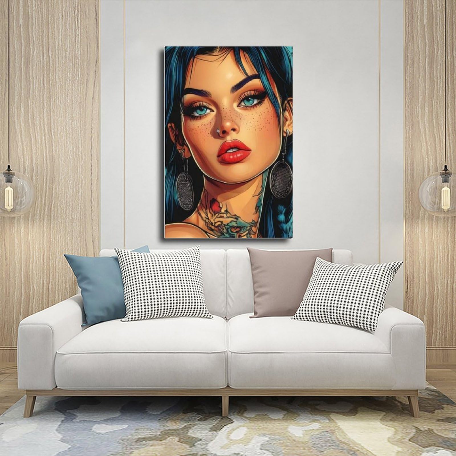 WJWART Poster Pop Art - Femme tatouée audacieuse de style bande dessinée - Décoration de chambre à coucher - Cadeau de décoration de chambre à coucher (60 x 90 cm)
