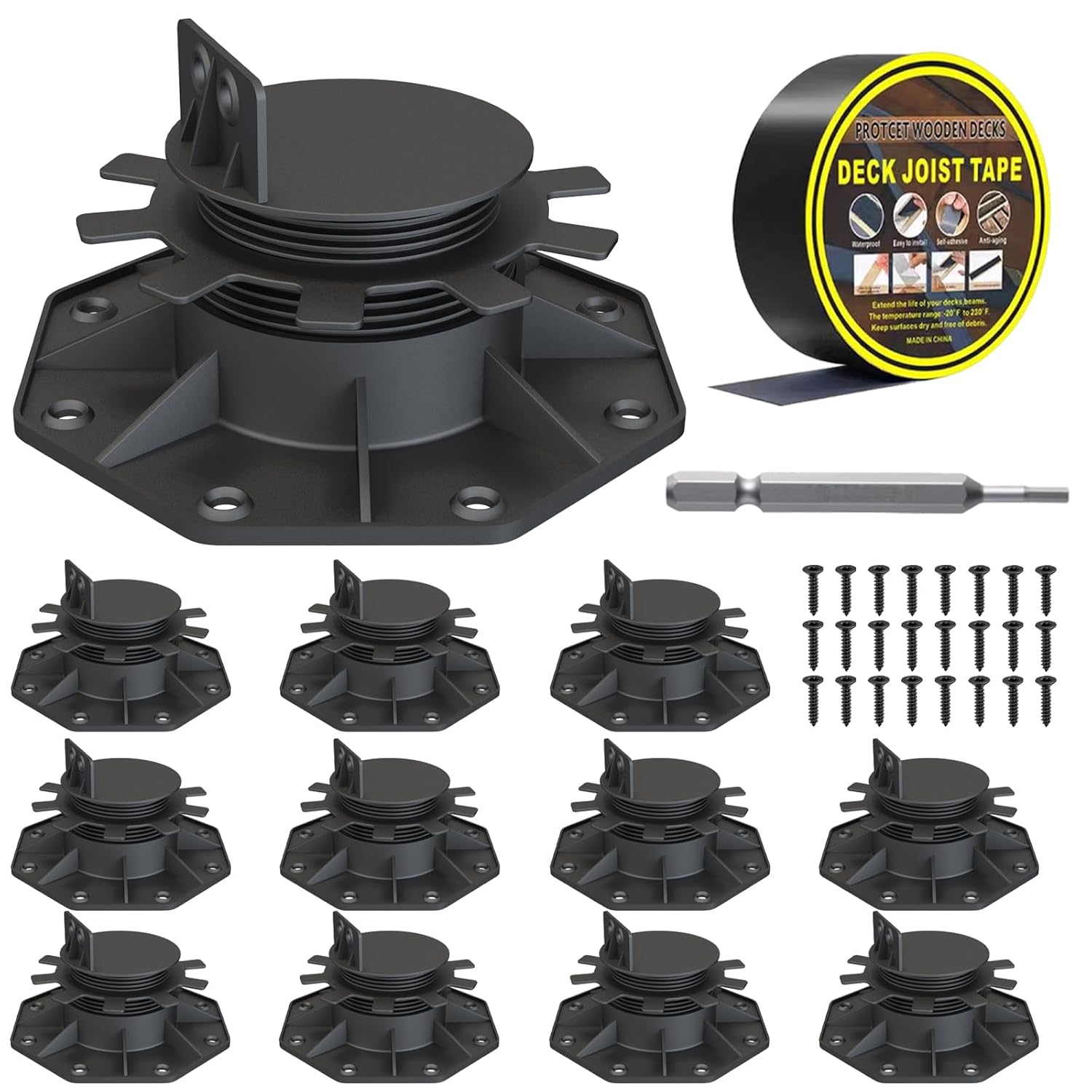 12-PackAdjustable Deck Support Pedestal - Heavy-Duty Waterproof & Rust-Prooffor Deck Block Garden/Outdoor Deck Support Pedestal, 1.38"-2.56" Height Adjustment with 2"*50FT Joist Tape