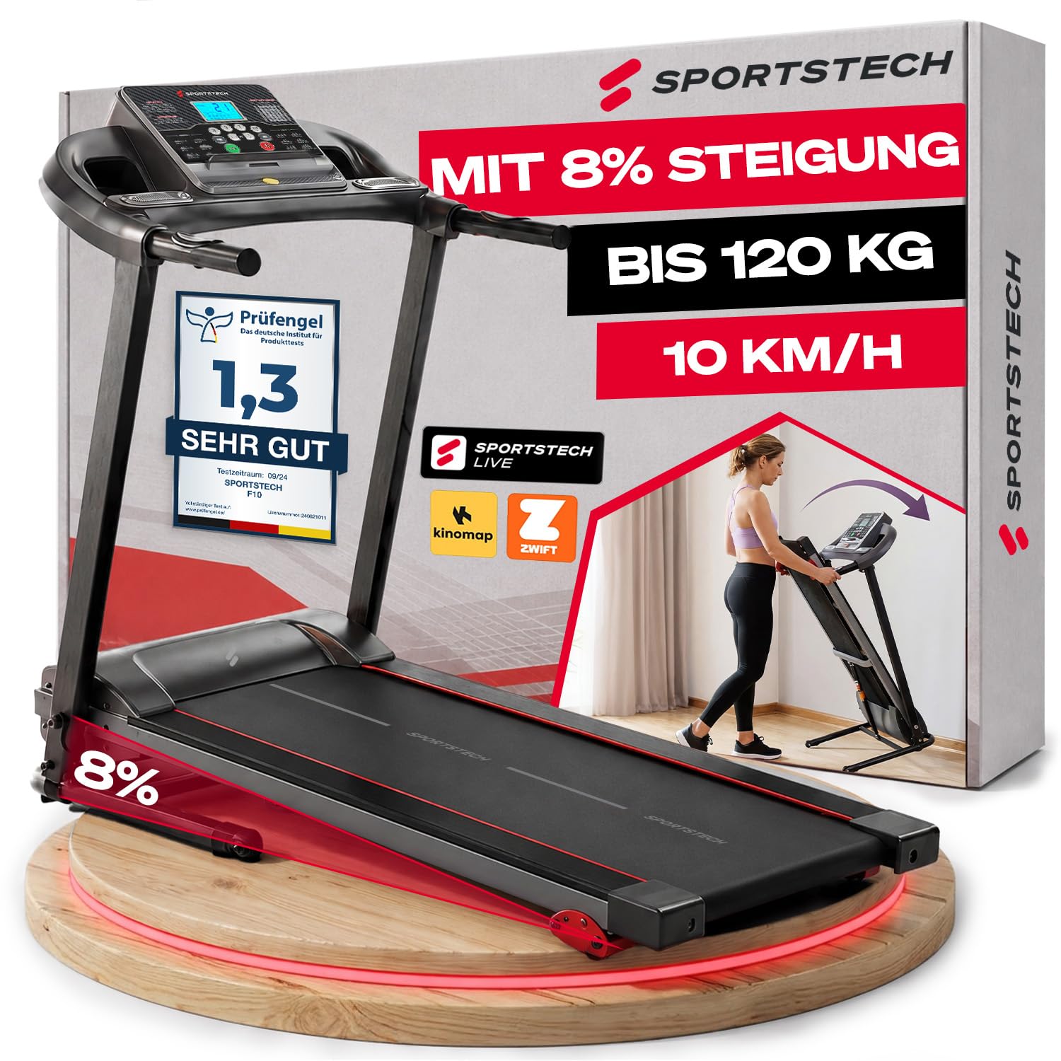 Sportstech F10 Laufband für Zuhause klappbar, bis 10 km/h, Deutsche Qualitätsmarke, 120 kg belastbar, 3 Steigungsstufen, Handpulssensoren, App-Funktion, Tabletholder, LED's, leise, kompakt