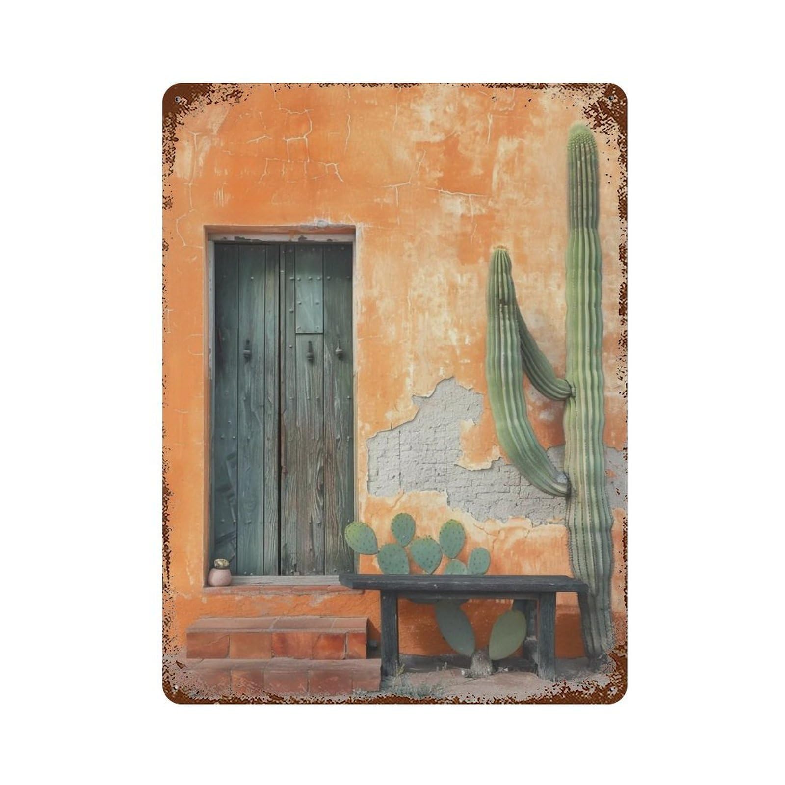 WIHYRTUI Contrast Terracotta Wall Saguaro Courtyard 03 Wall Retro Iron Metal Tin Sign Vintage Art Poster Modern Home Cofffee Club Art Bar Shop Decor Style 40x30cm