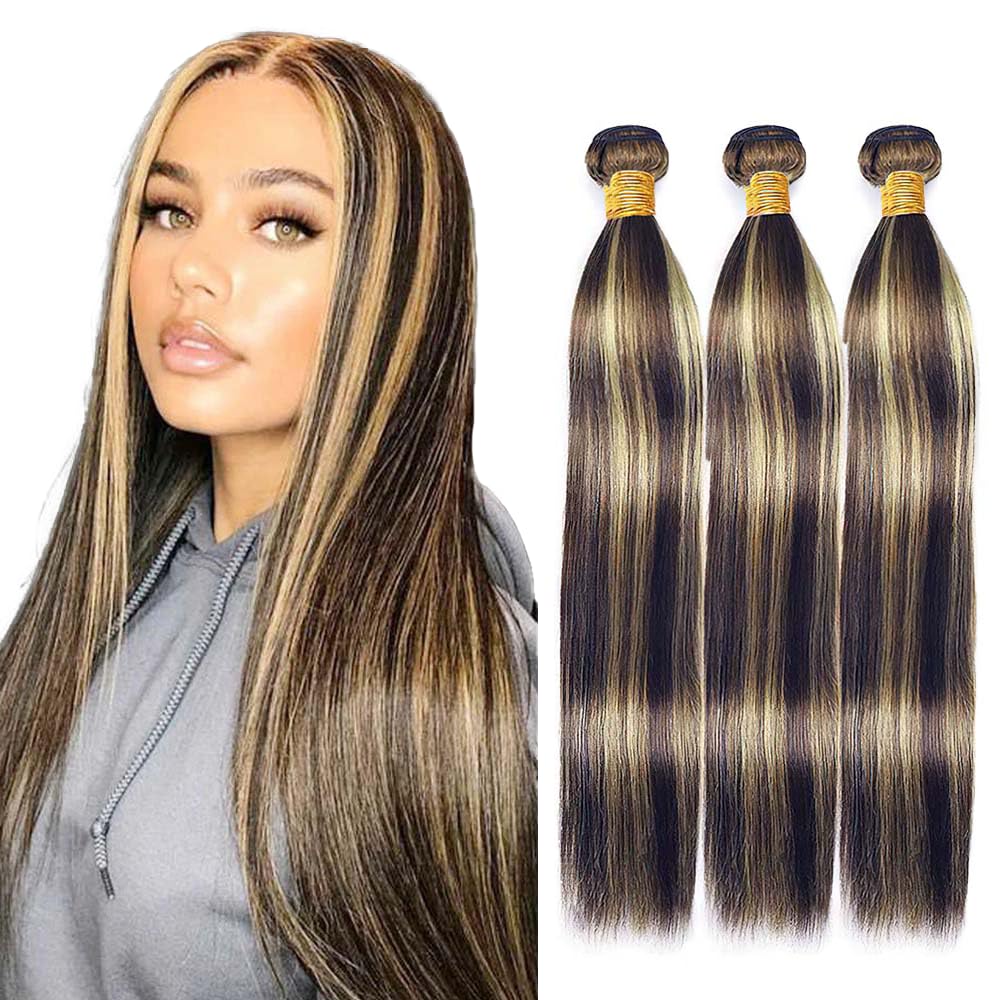 P1B27 Human Hair Honey Blonde Straight Bundles 18 20 22 inch Ombre Two Tone Black Mixed With Blonde Bundle Double Weft Brazilian Hair Extensions Highlight Silky and Soft Bundles
