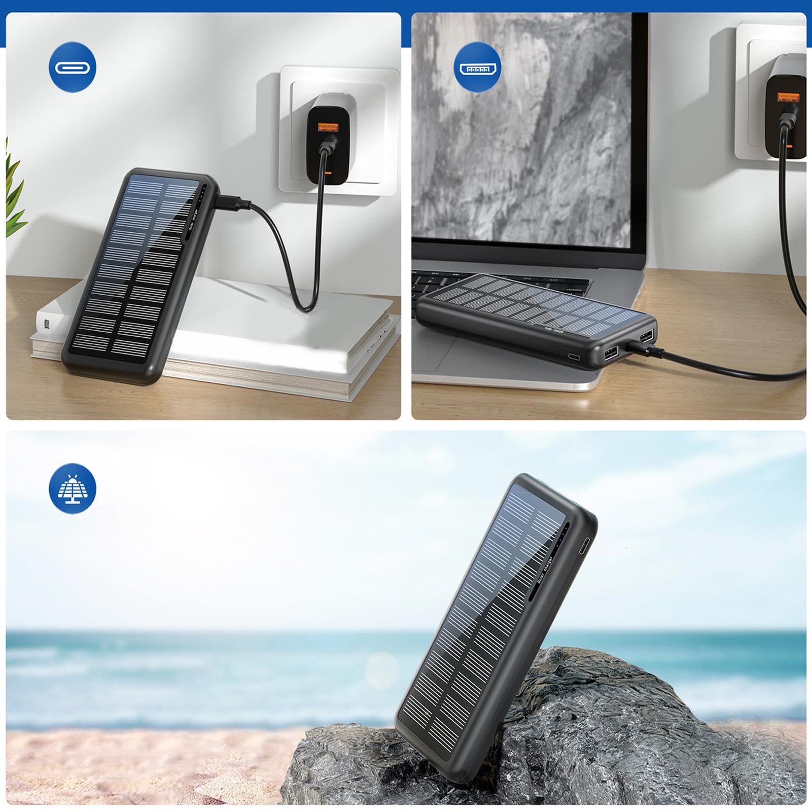 Power Bank Power Bank da Sopravvivenza | Power Bank Portatile con Pannello Solare e Uscita USB Per fotocamera, tablet, campeggio, escursionismo, viaggio, pesca,