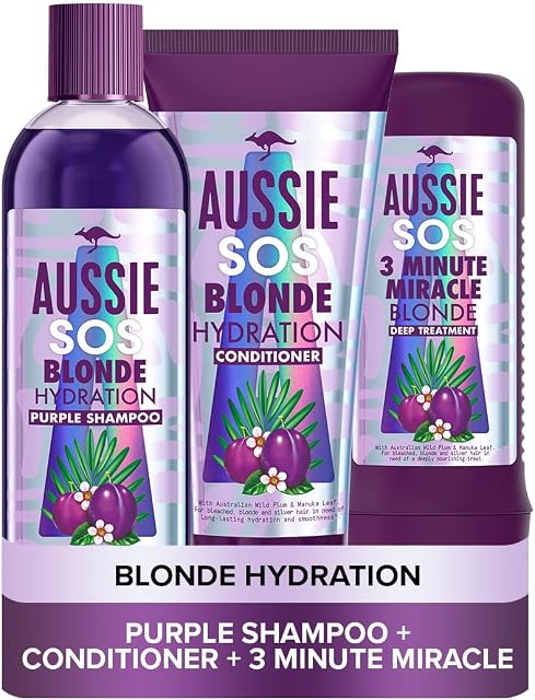 Aussie Blonde Purple Shampoo and Conditioner Set + Hair Mask, Silver & Blonde Shampoo & Hair Conditioner + 3 Minute Miracle, 290ml/200ml/250ml, Packaging May Vary