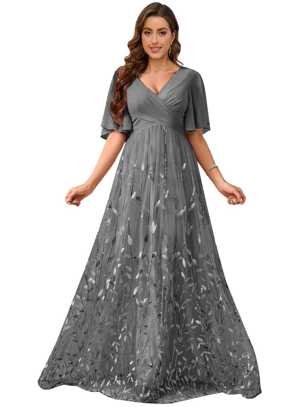 PINMJEE Chiffon Mother of The Bride Dresses V-Neck Bridesmaid Dress Sequin Formal Wedding Guest Dresses with Sleeves