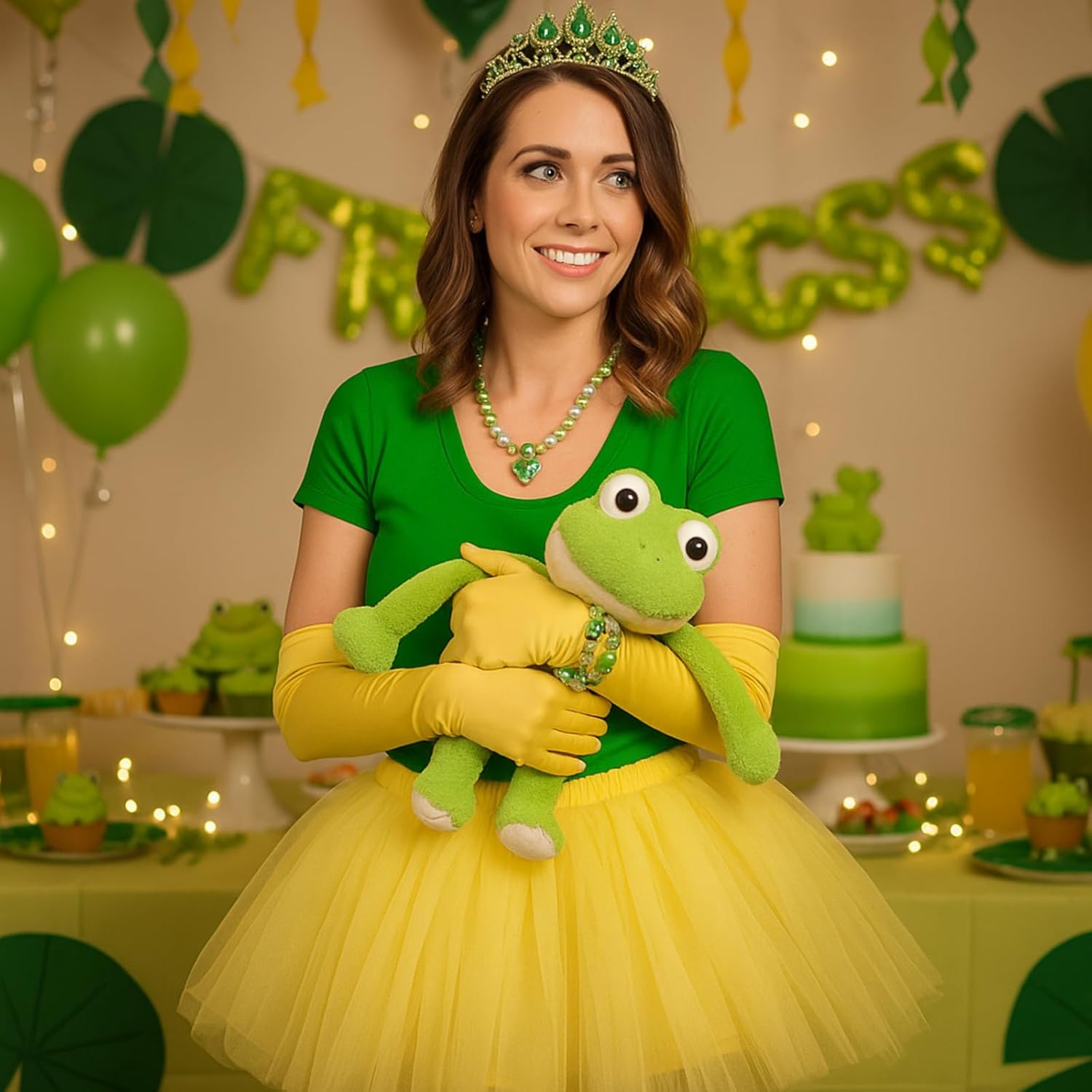 9 Pcs Halloween Princess Costume Set Adult Women Frog Tulle Skirt Gems Leaf Tiara Necklace Earring Gloves Stockings - Image 6