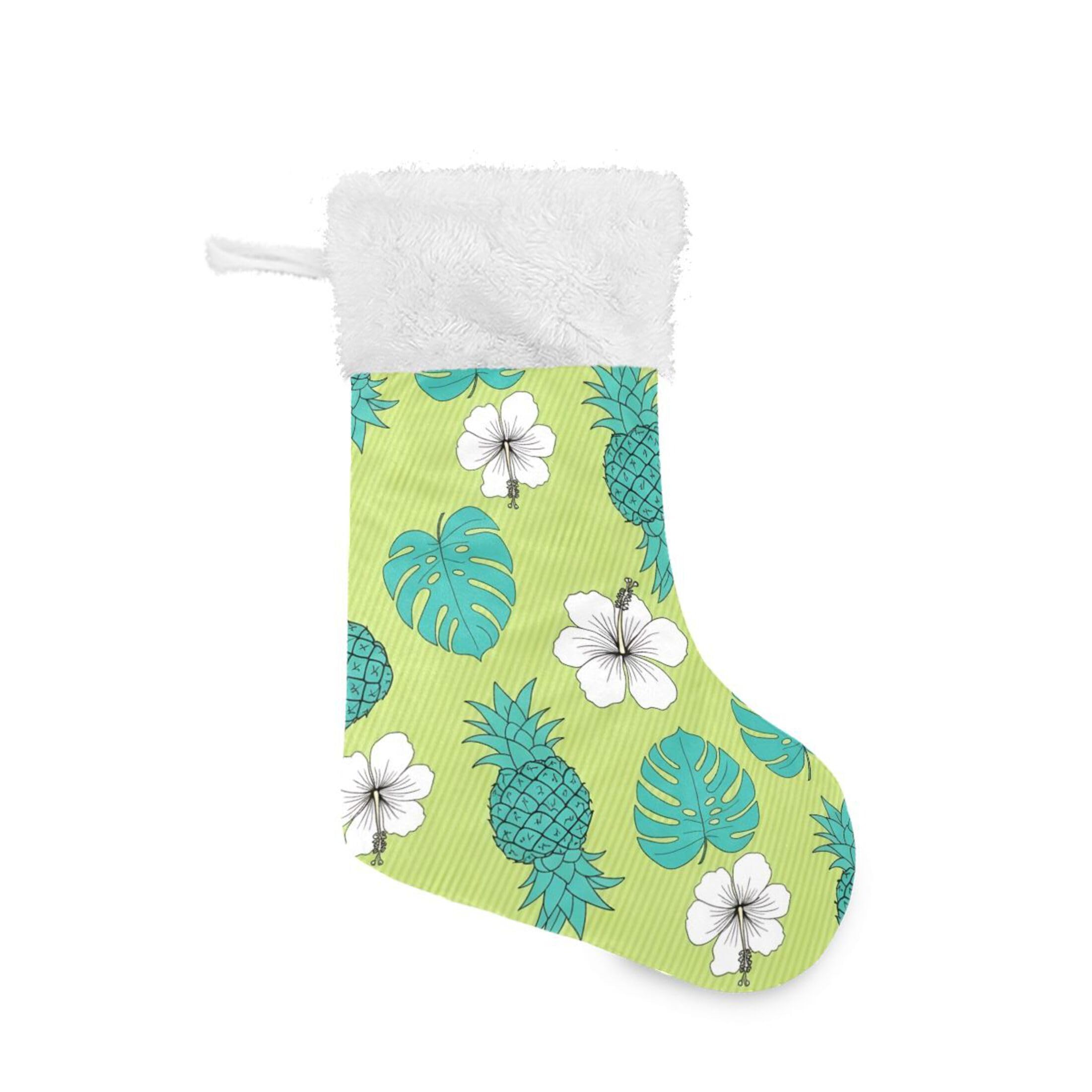 Fuauuyl Hibiscus Pineapples Christmas Stocking 18 In Xmas Hanging Stocking with Plush Cuff for Family Holiday Party Fireplace Decorations, 2 Pack