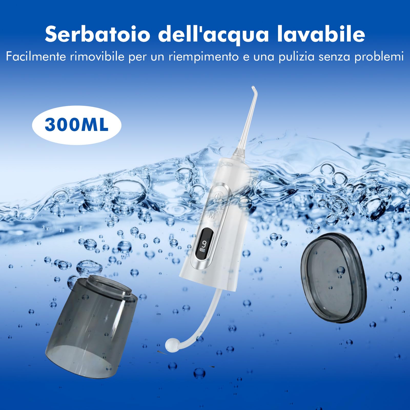 Idropulsore Dentale DIHOOM, Irrigatore Orale 300ml Professionale 9 Modalità e 4 Ugelli, Water Flosser USB Ricaricabile e IPX7 Impermeabile Idropulsore Dentale Portatile pe (Bianco)