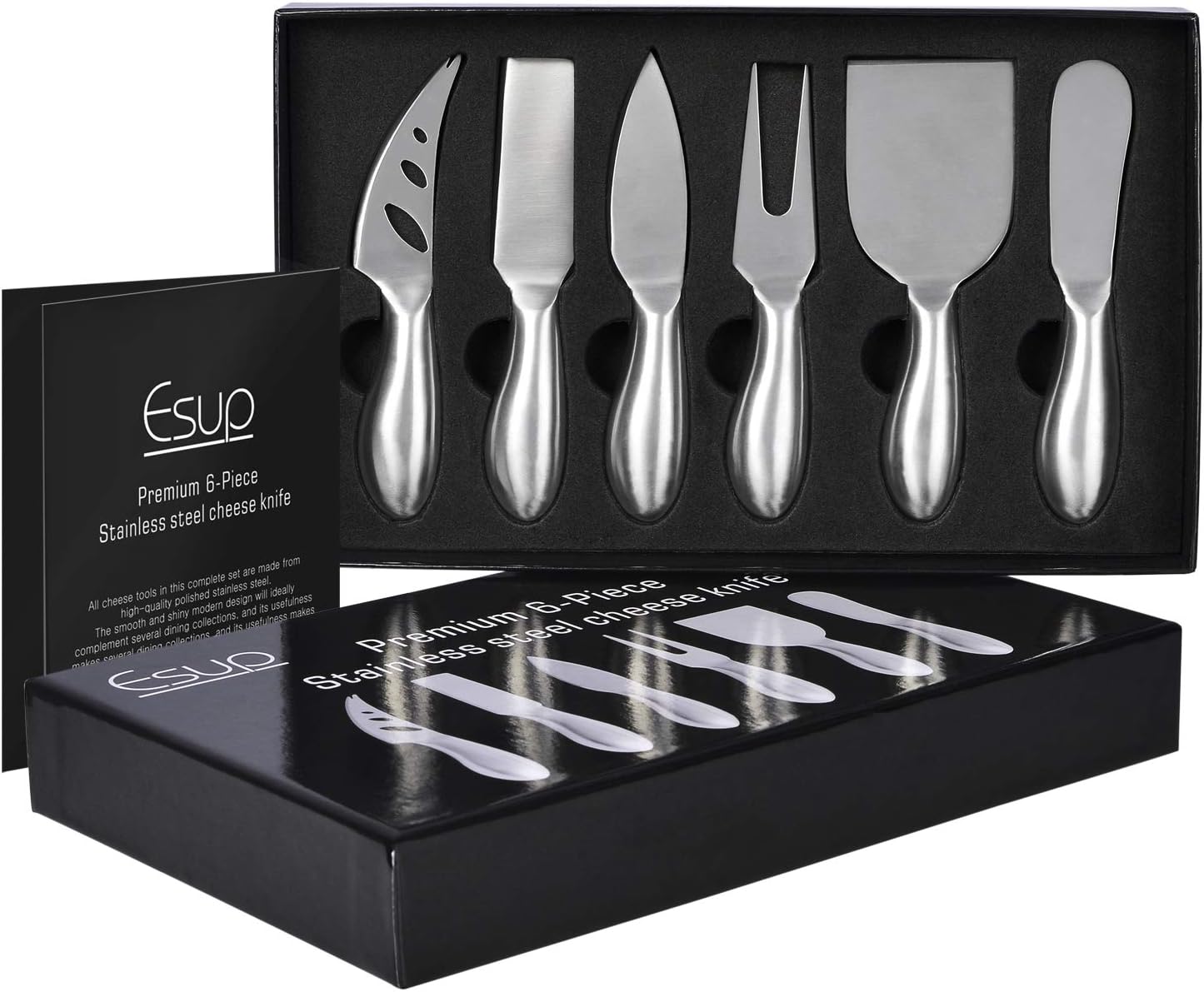 Esup Cheese Knife Set Premium 6-Piece Stainless Steel Cheese knives Set with Gift Box for Weddings, Housewarming, Anniversaries, Birthday and Christmas Esup Cheese Knife Set Premium 6-Piece Stainless Steel Cheese knives Set with Gift Box for Weddings, Housewarming, Anniversaries, Birthday and Christmas