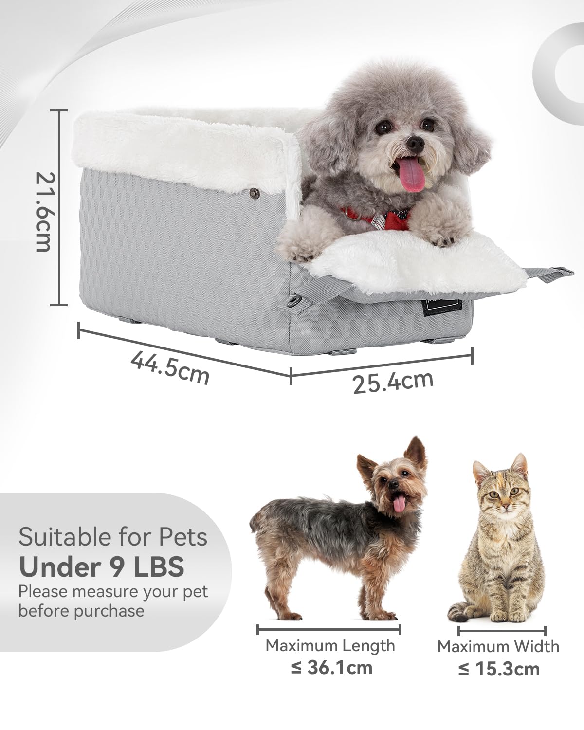 Petsfit Seggiolino auto per cani di piccola taglia per consolle centrale, con imbracatura migliorata e cuscino lavabile, sedile auto per cani fino a 5.4kg, Grigio Chiaro