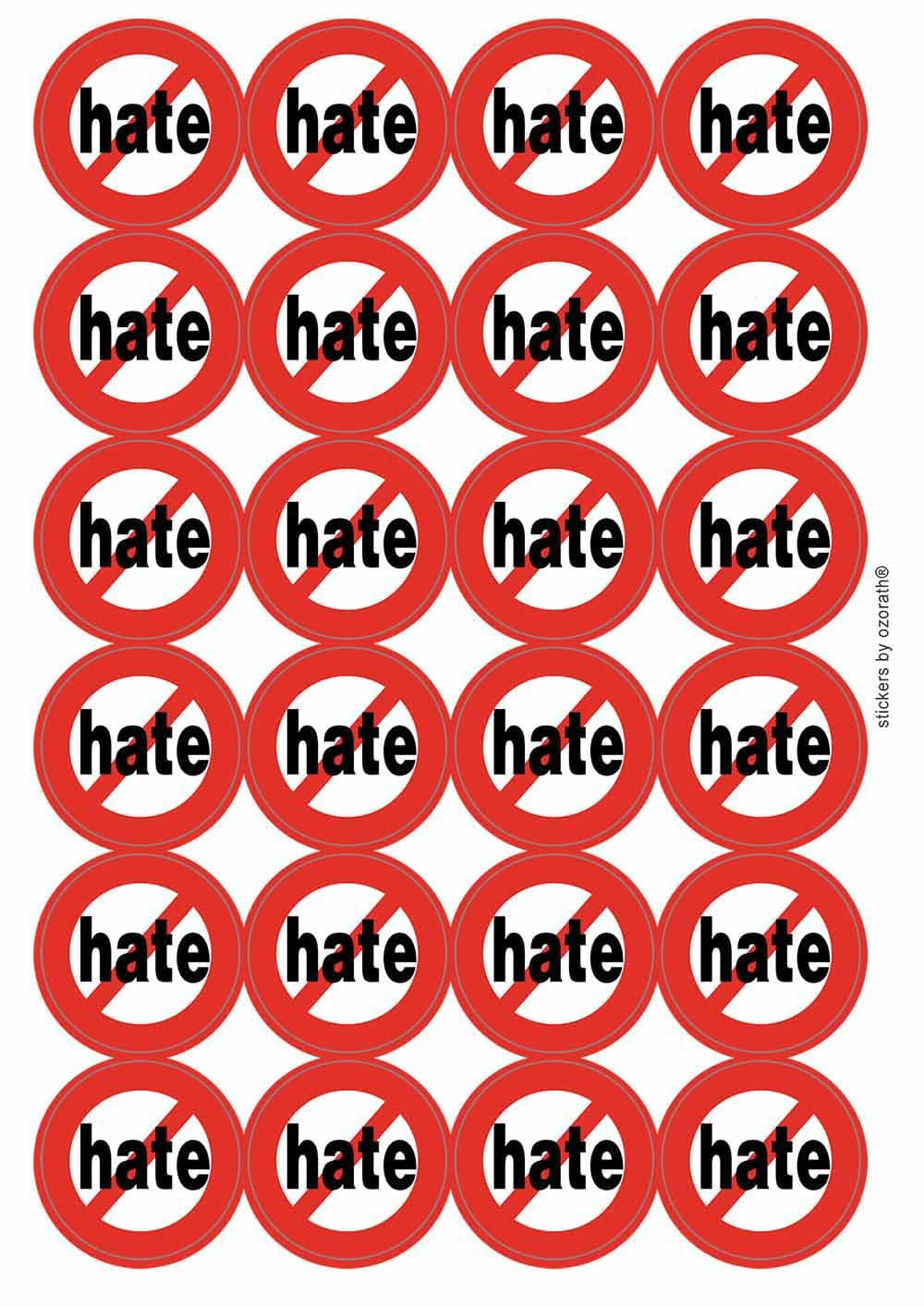 Anti Hate Love Peace Circular Matt Paper Stickers A4 Sheet of 24 (Each Sticker is 45mm Diameter)