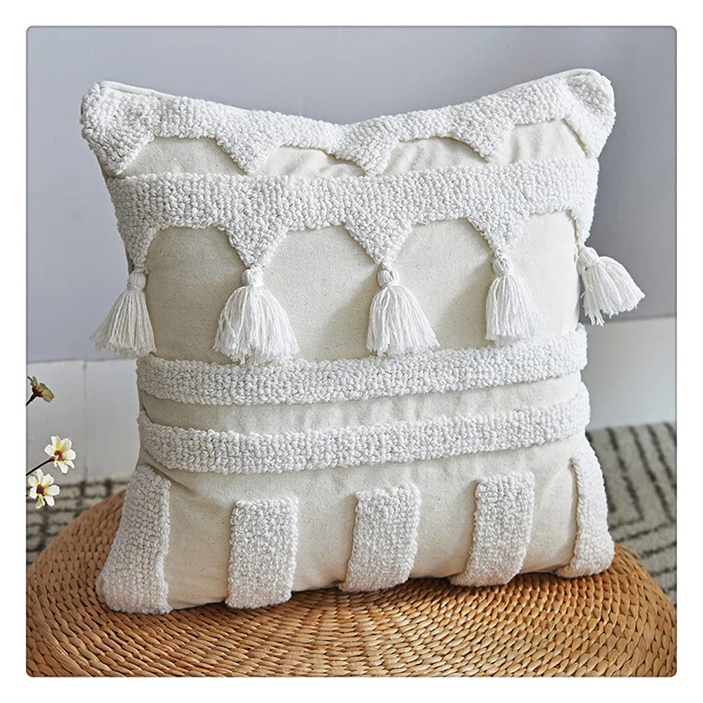 MFJGHU White Tassel Cushion Cover 45x45cm Square Minimalist Tufted Pillowcase Bedroom Living Room Home Decoration(Style A)