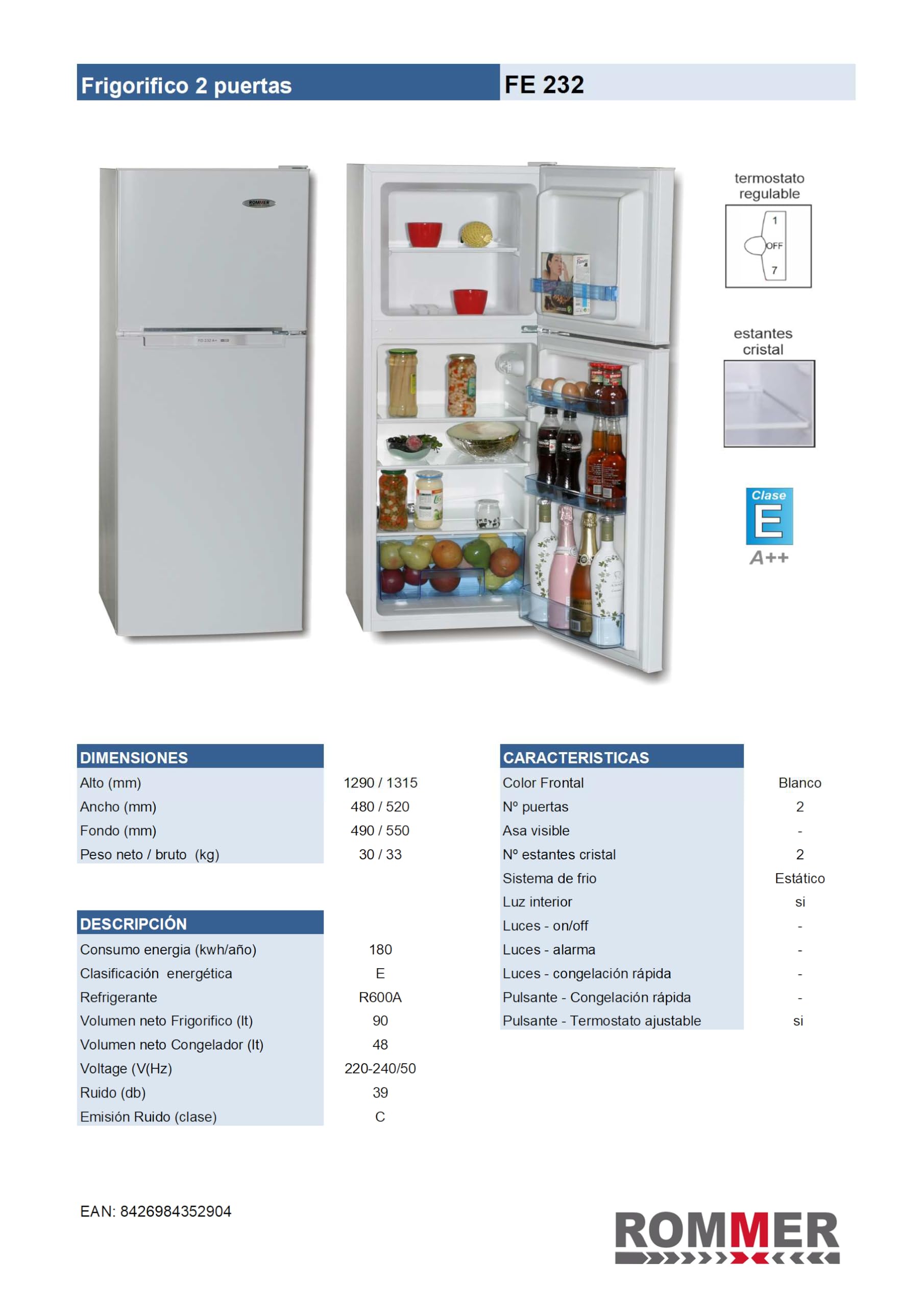 ROMMER Frigorifico FE 232, 138 litros, color blanco
